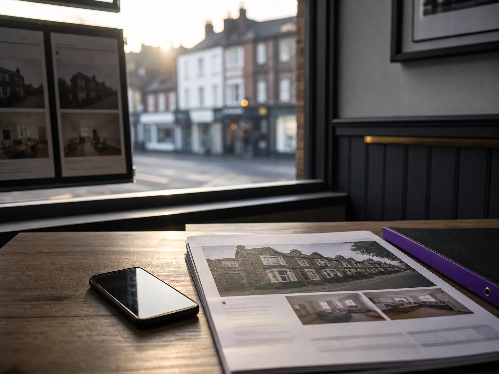 Estate agent's office at first light, a phone and printed property report on a wooden counter.