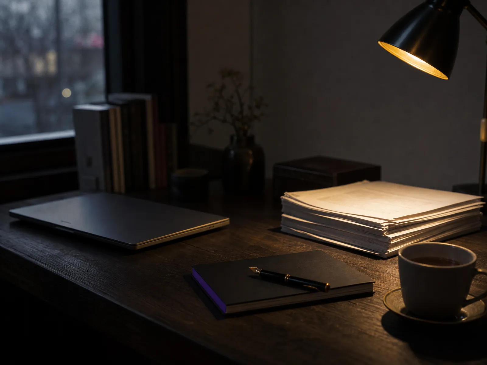 A desk at dusk with a laptop, printed papers and a fountain pen under a lamp.