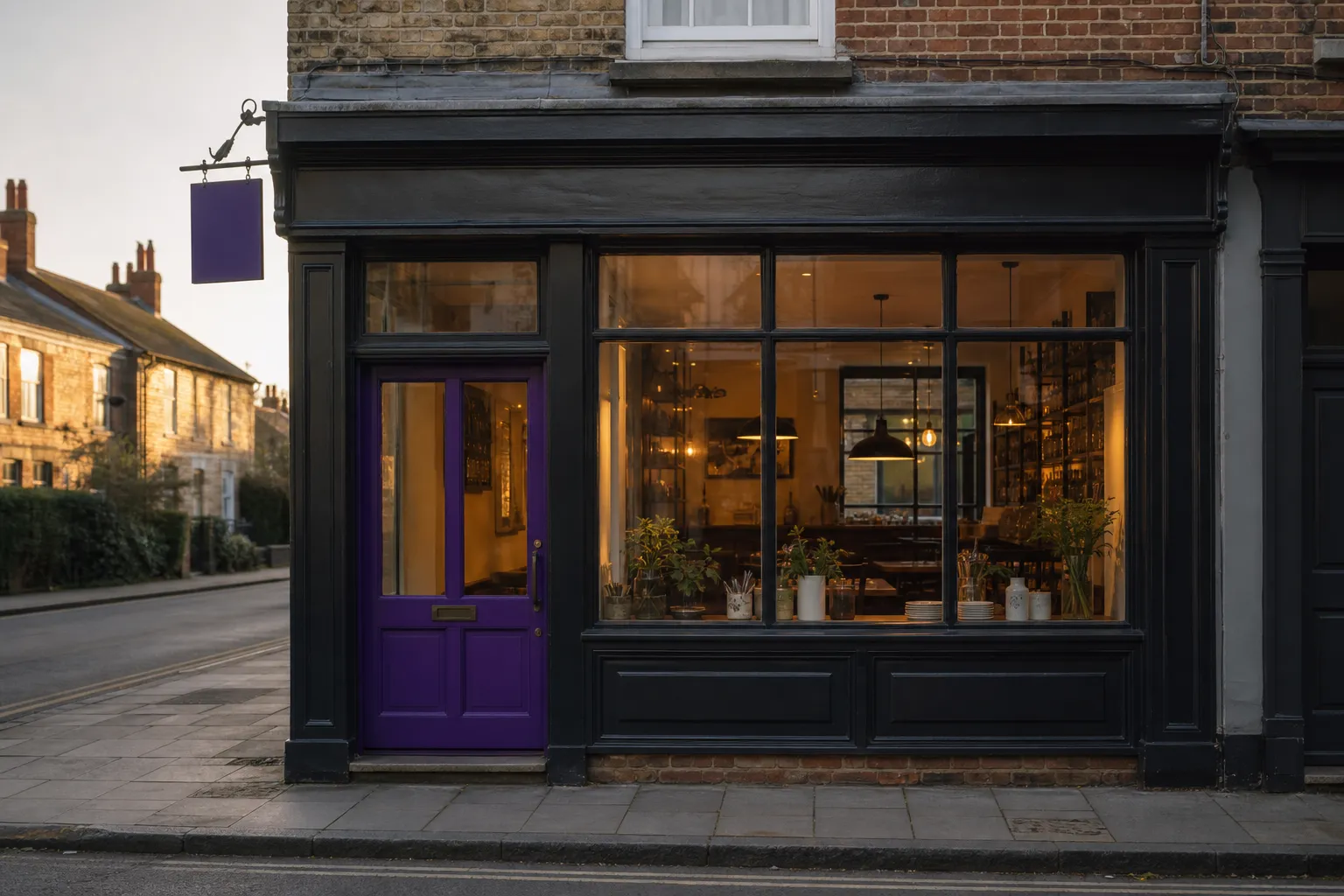 A small independent UK restaurant shopfront on a high street at golden hour.