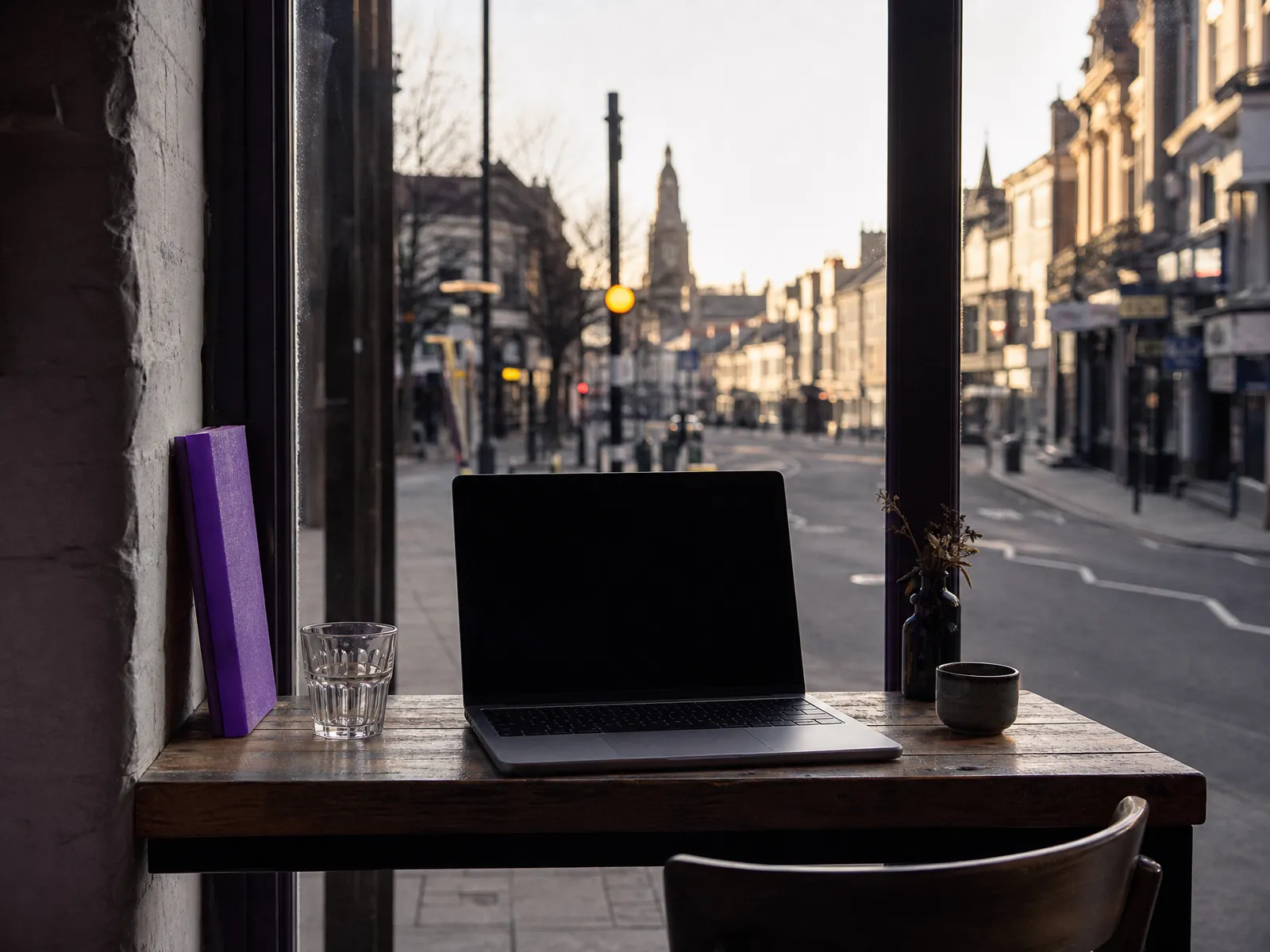 Looking through a restaurant window onto a high street at golden hour, laptop on the counter.