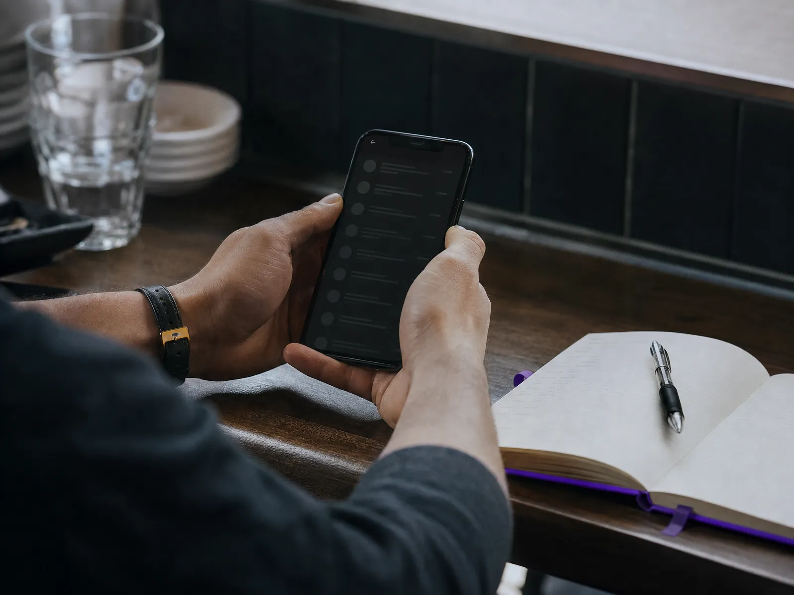 Hands holding a phone showing a dark app screen at a restaurant counter.