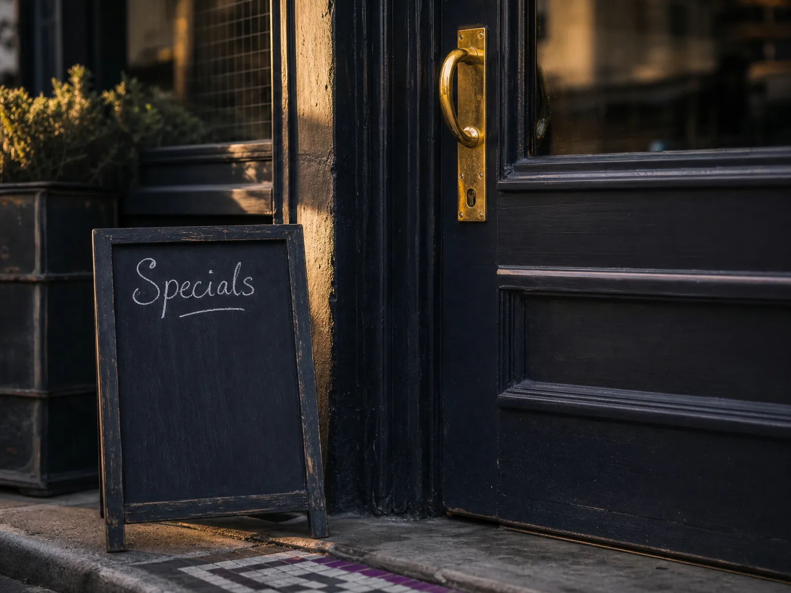 A UK restaurant entrance at golden hour with a chalkboard specials sign by the door.