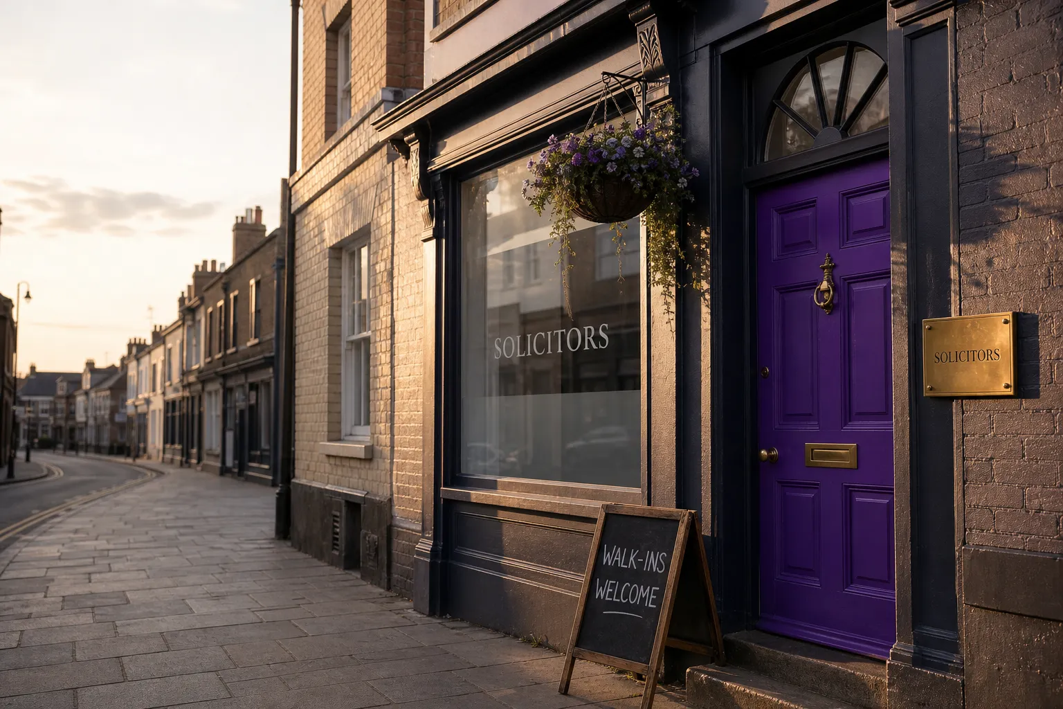 UK solicitor's office with a violet door and brass nameplate, photographed at golden hour.