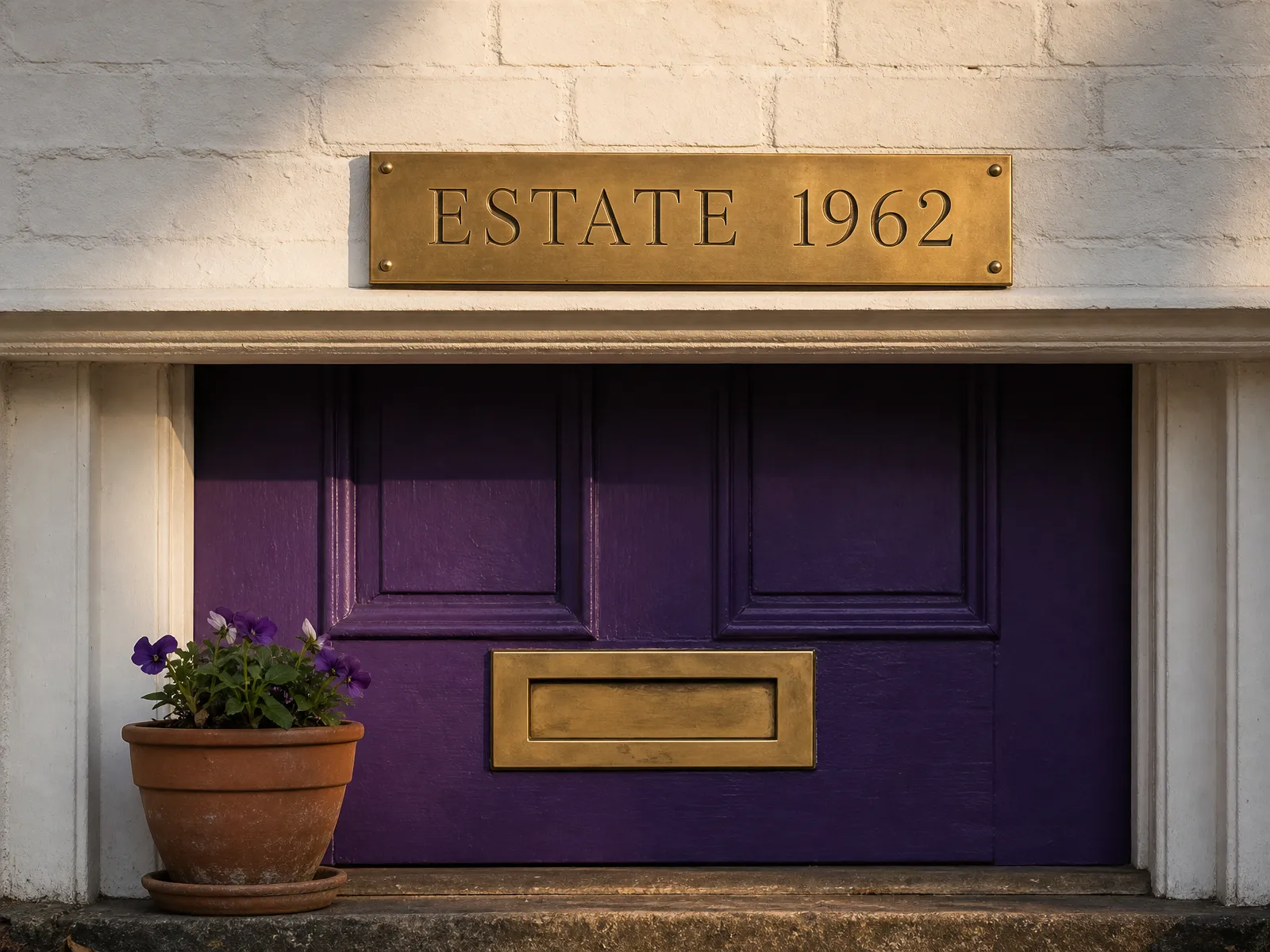 A UK solicitor's office entrance: brass nameplate on brick above a dark violet door.