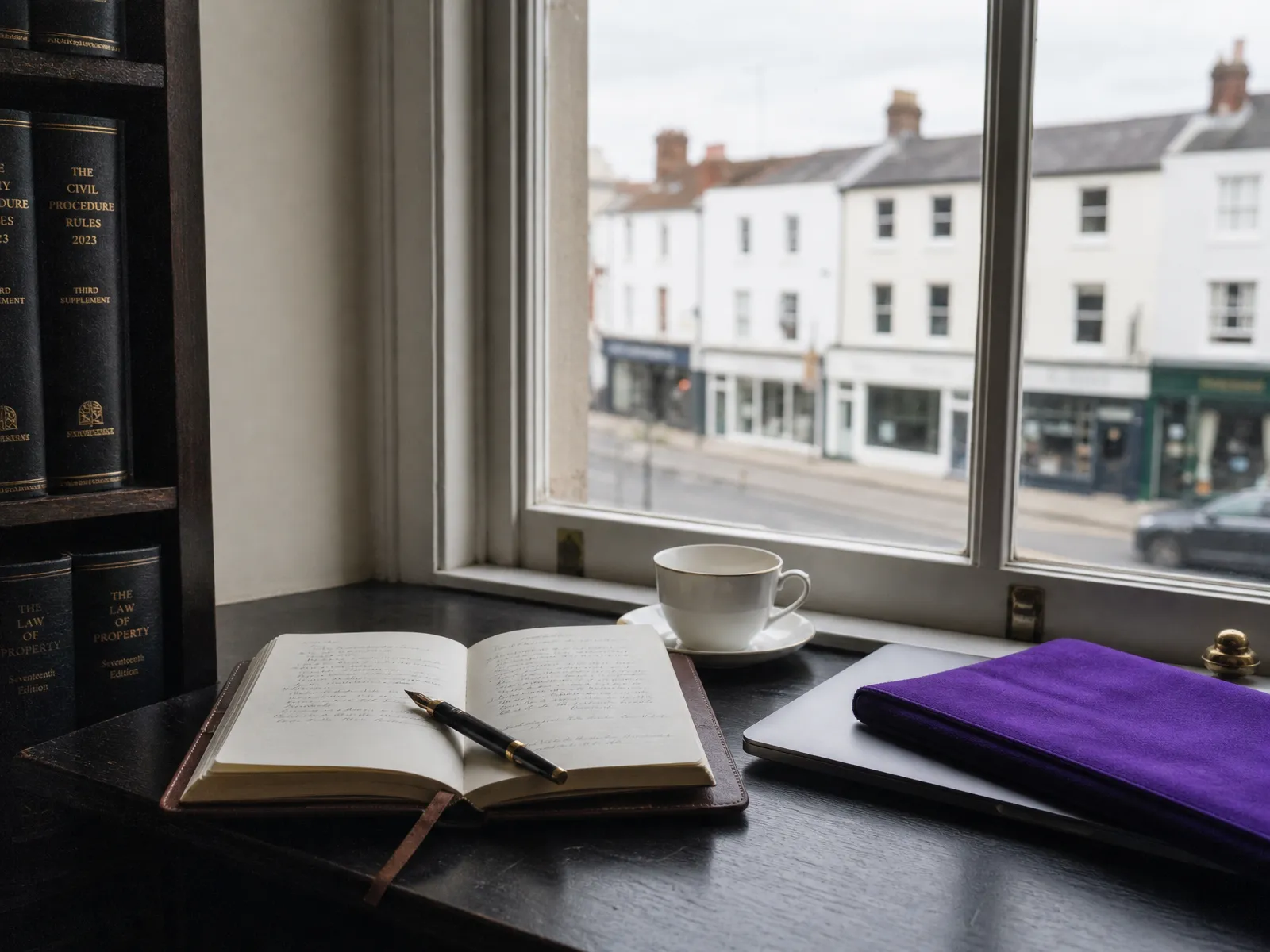 Inside a UK solicitor's office, an open leather notebook and fountain pen on the sash windowsill.