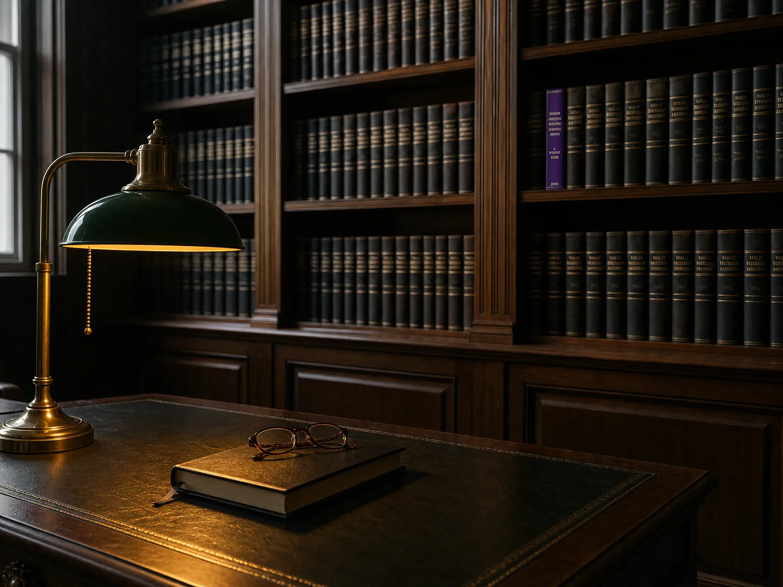 A study bookshelf of leather-bound legal volumes, one violet spine, lit by a green-shaded reading lamp.