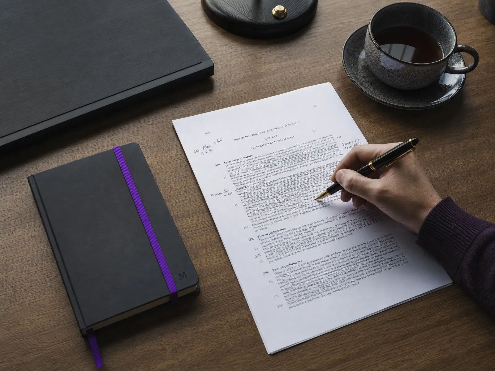 Top-down desk: a hand annotating a legal page with a fountain pen beside a violet-ribboned notebook.