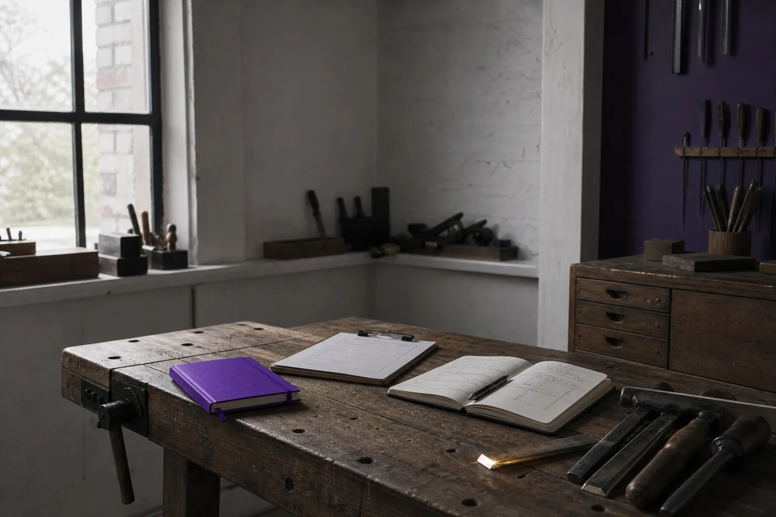 A small UK trade workshop at first light with hand tools, a clipboard and a notebook.
