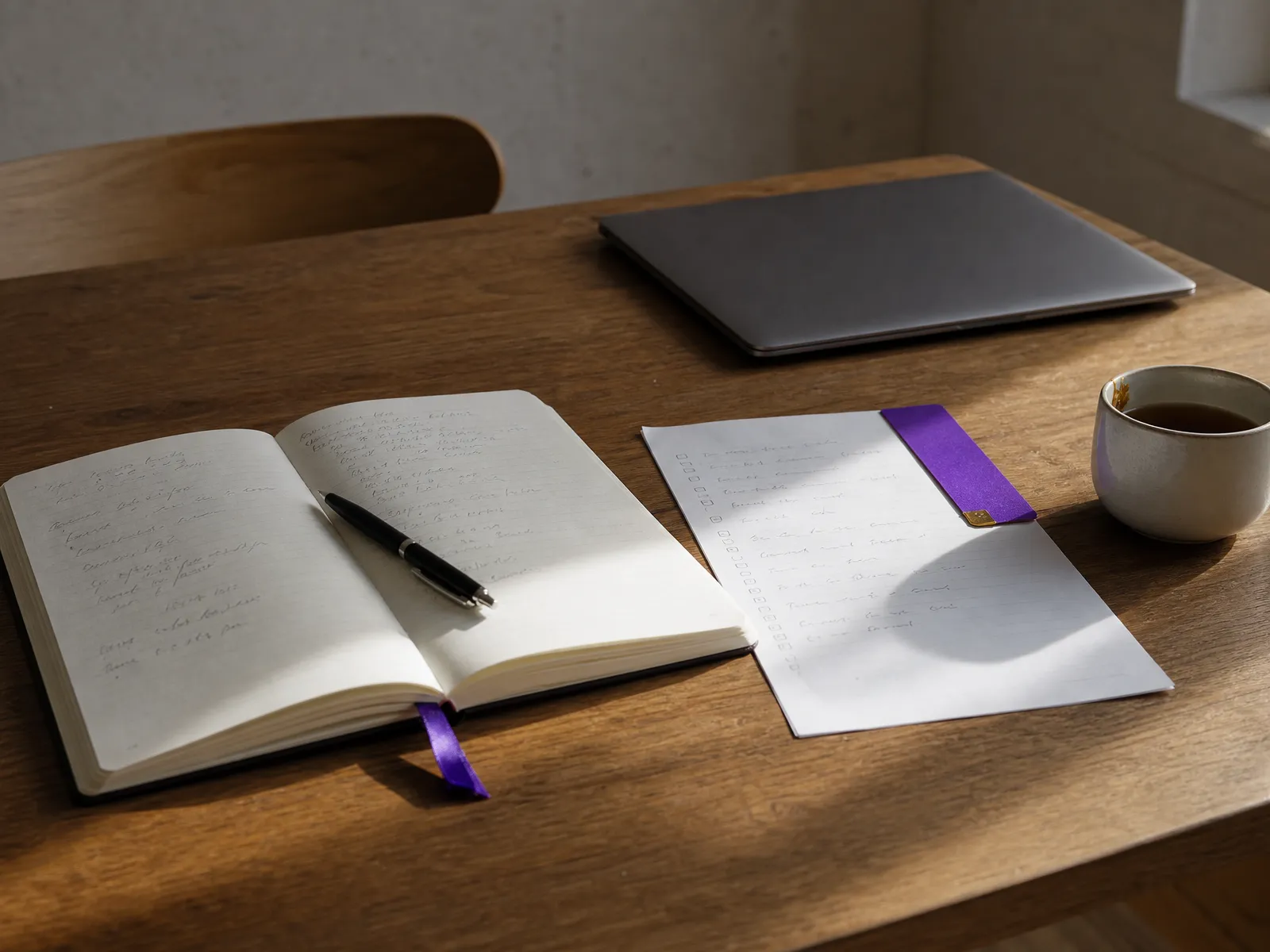 A notebook and pen beside a printed list on a wooden desk in soft daylight.