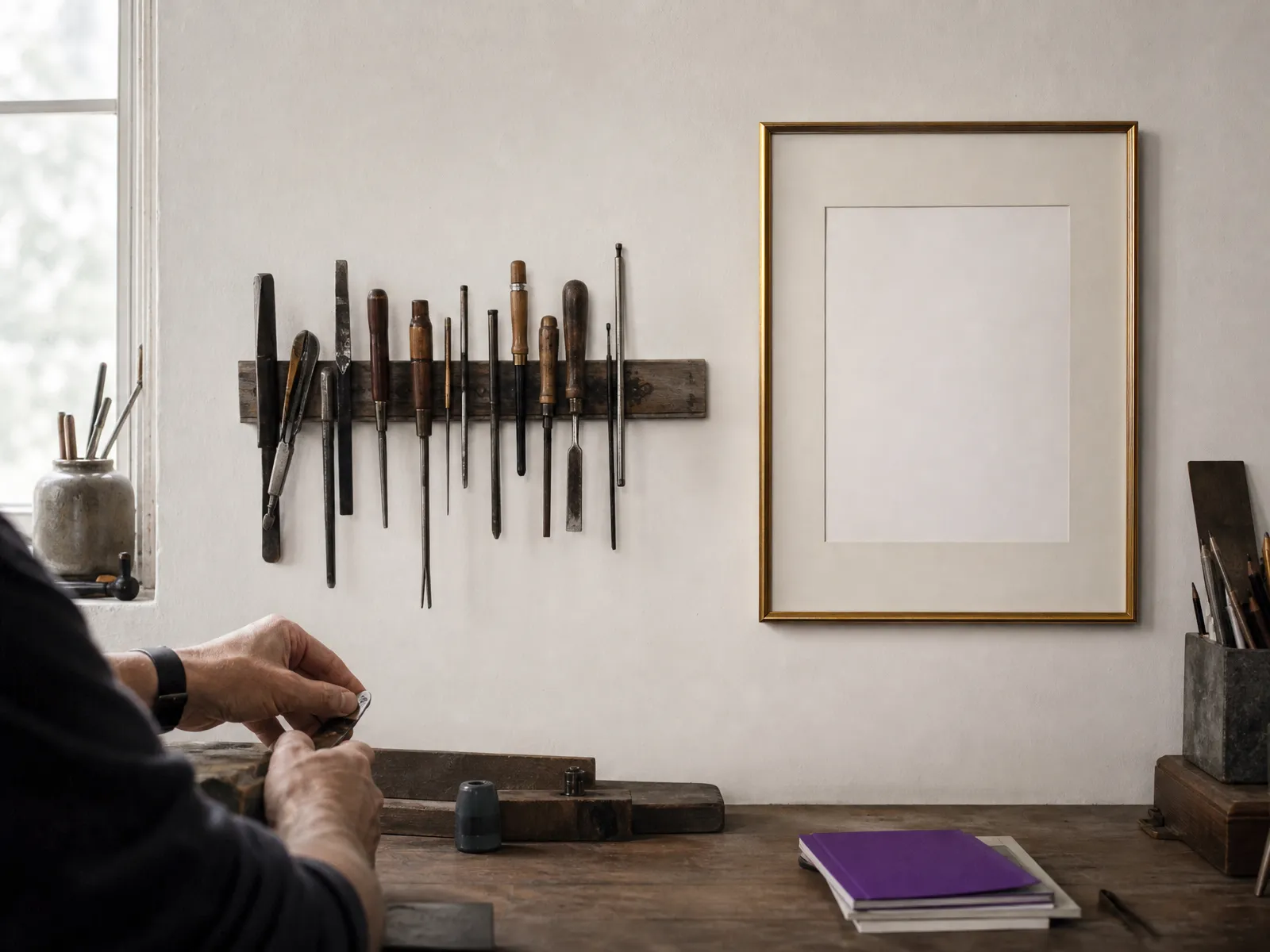 A tidy workshop wall with hand tools hung in order beside a single framed certificate.