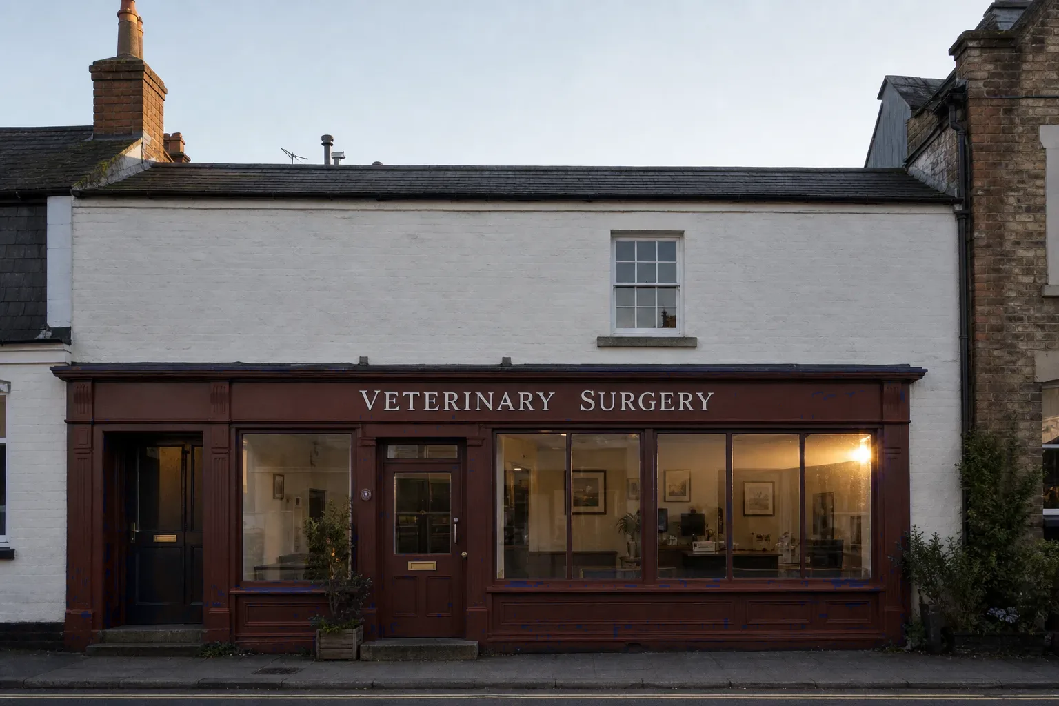 Small independent veterinary surgery on a quiet British high street at golden hour