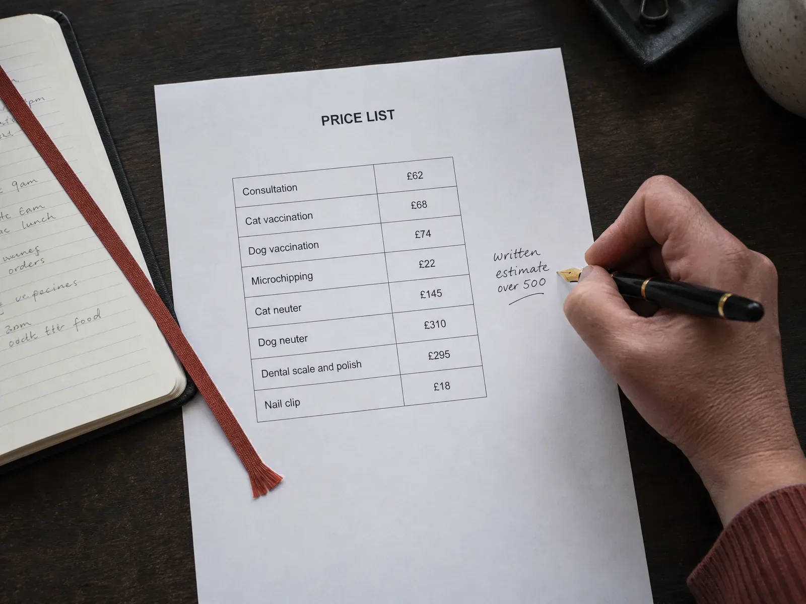 A hand annotating an illustrative printed veterinary price list with a fountain pen