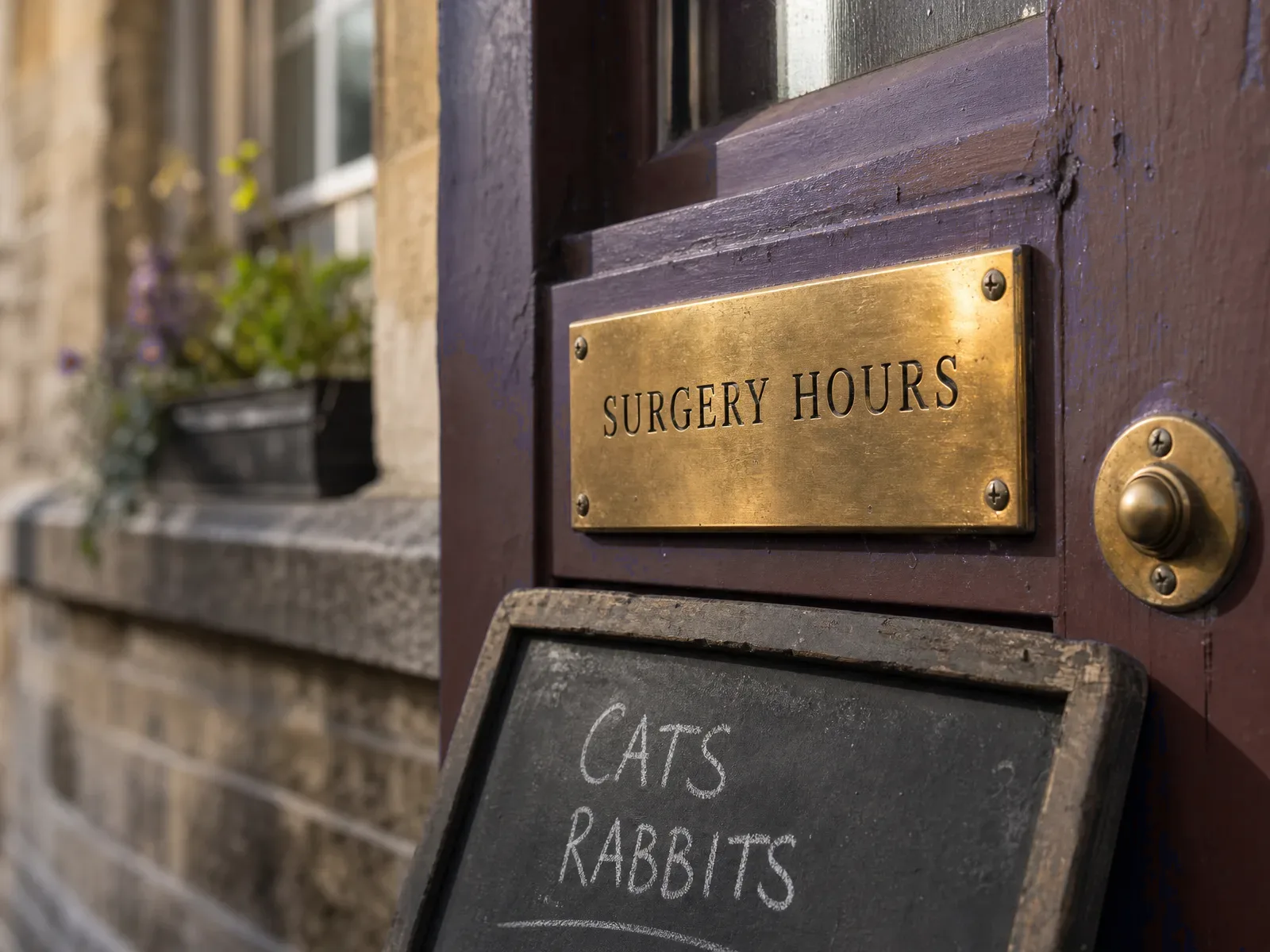 Brass surgery hours plate on a red painted practice door frame
