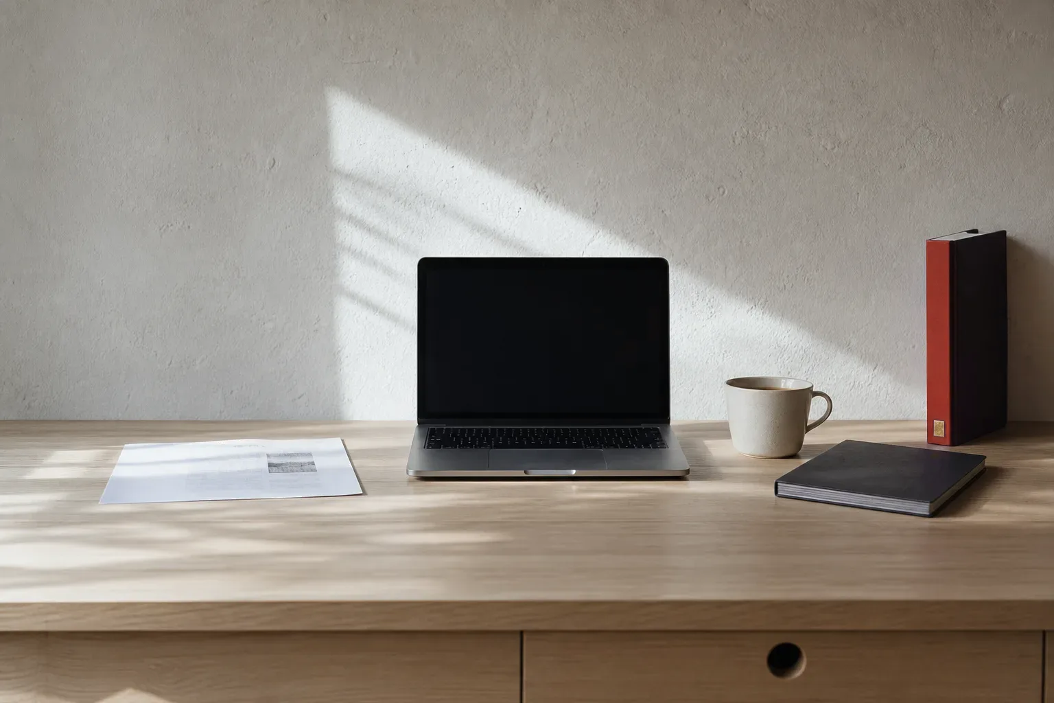Home-office desk in soft daylight with a laptop, printed page and red book spine