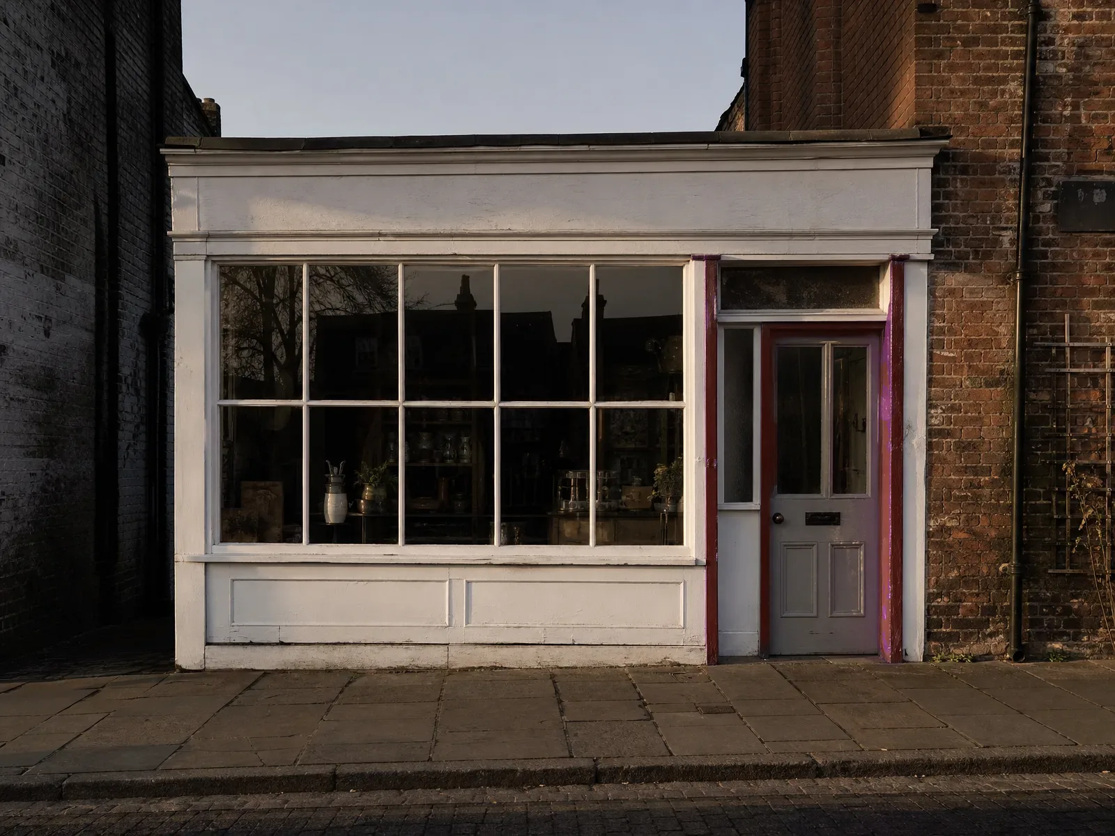 Independent UK high-street shopfront at golden hour with a red door frame