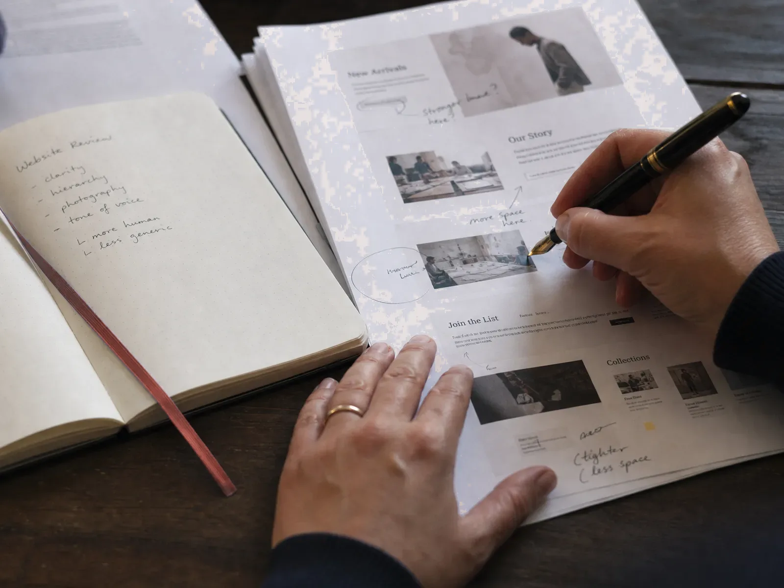 Hands annotating a printed website audit with a fountain pen beside a red notebook