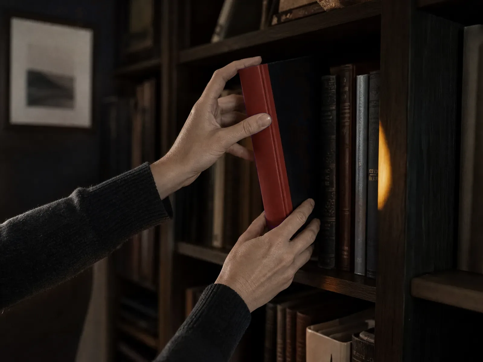 Hands lifting a single book with a red spine from a quiet study shelf