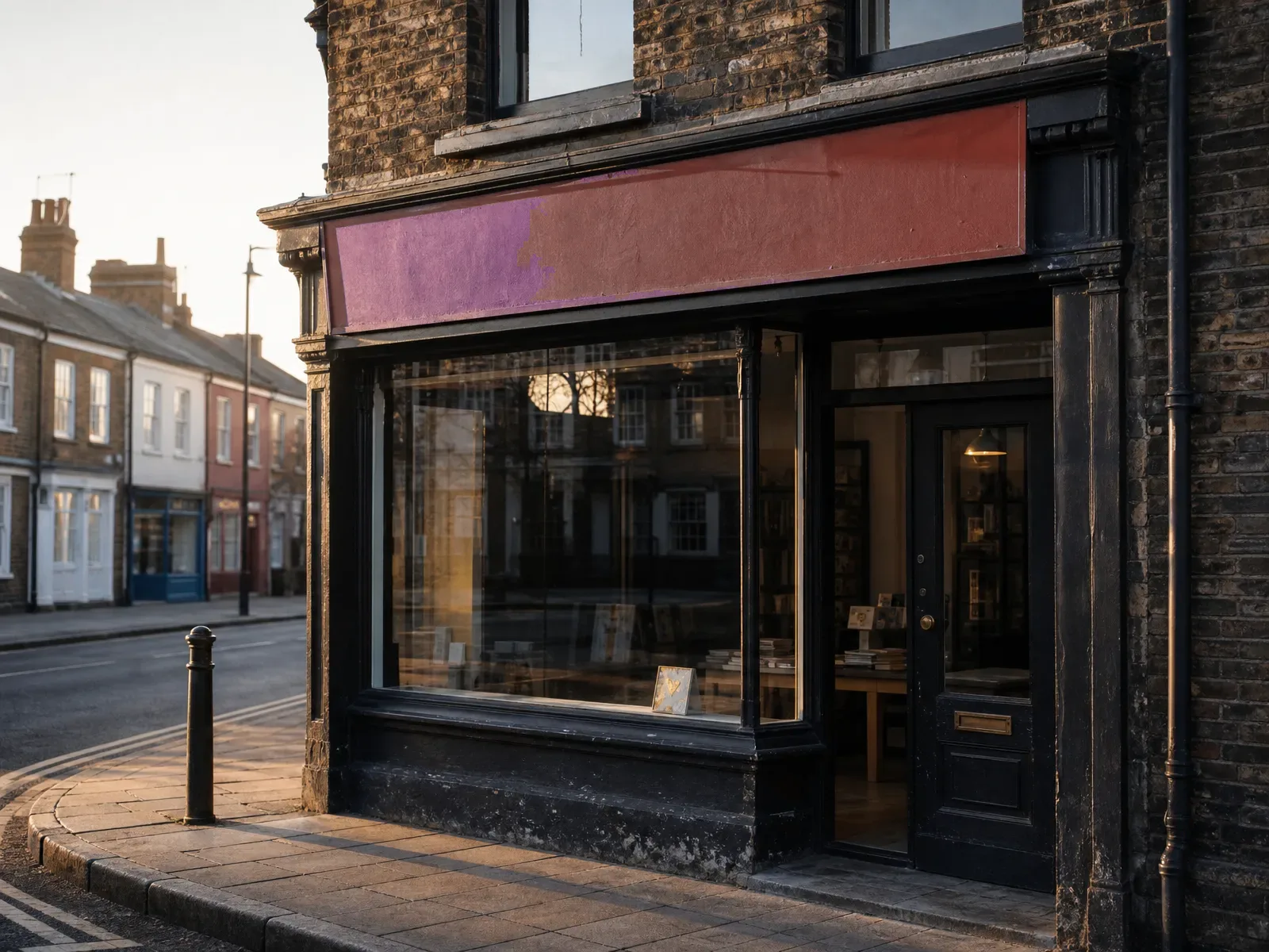 A small independent shopfront on a UK high street at golden hour