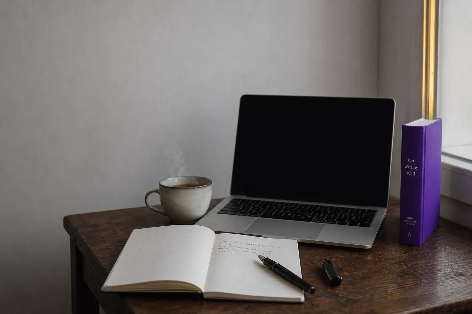 Open laptop, notebook and a violet book spine on a home office desk in soft daylight, illustrating practical SEO tips.