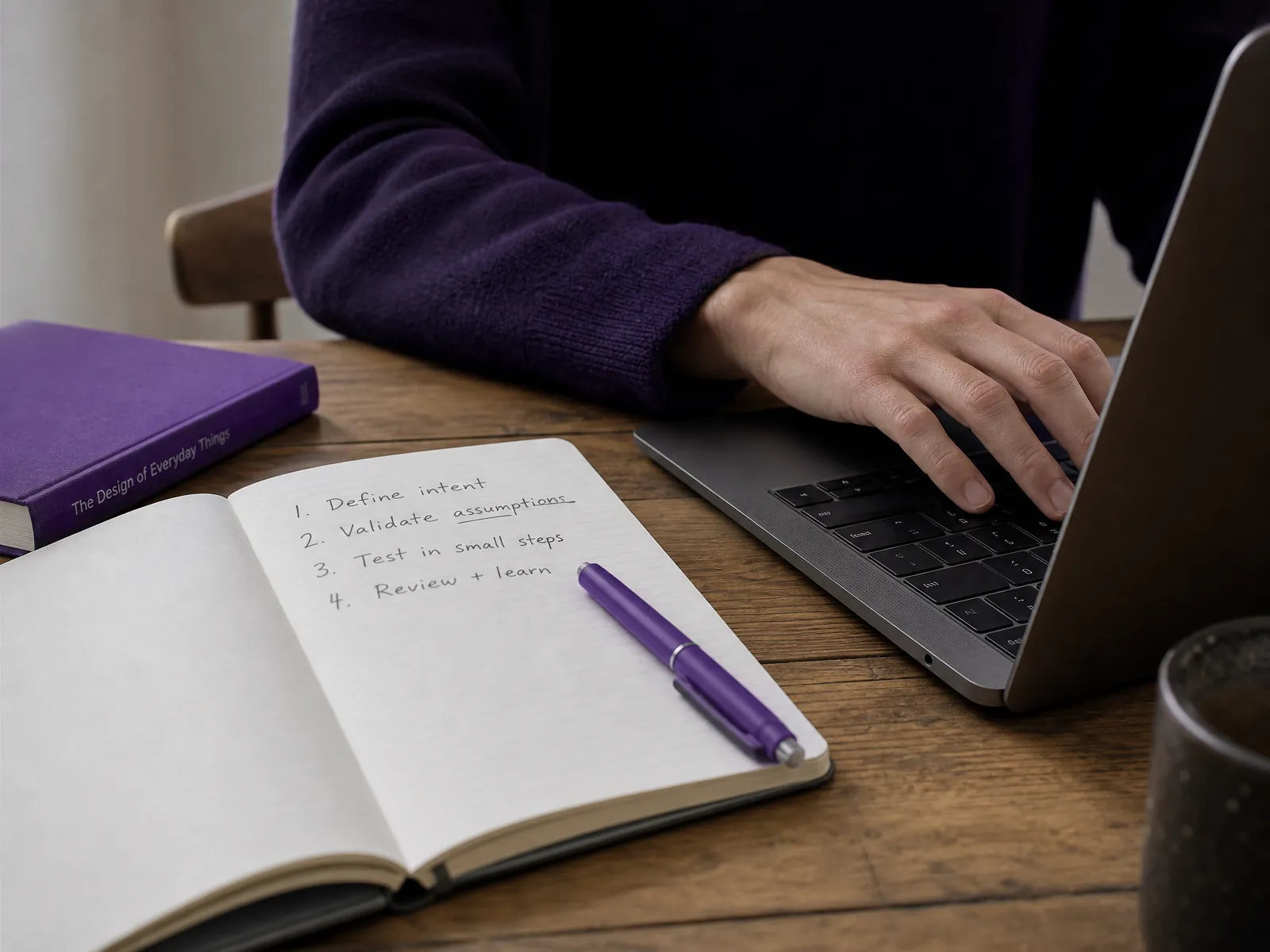 Hands resting on a laptop keyboard beside an open notebook on a wooden desk in soft daylight, working through a list of SEO tips.