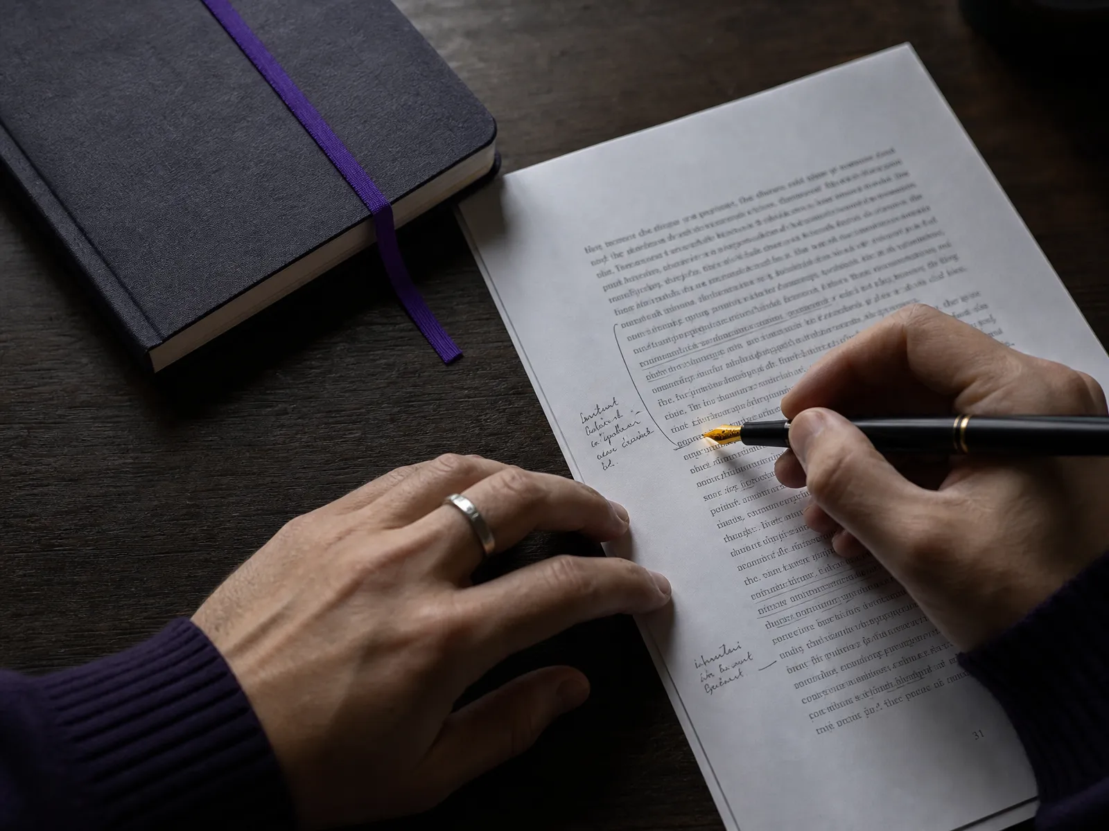 Hands annotating a printed page with a fountain pen next to a violet bookmark on a dark wooden desk, mapping internal links between pages.