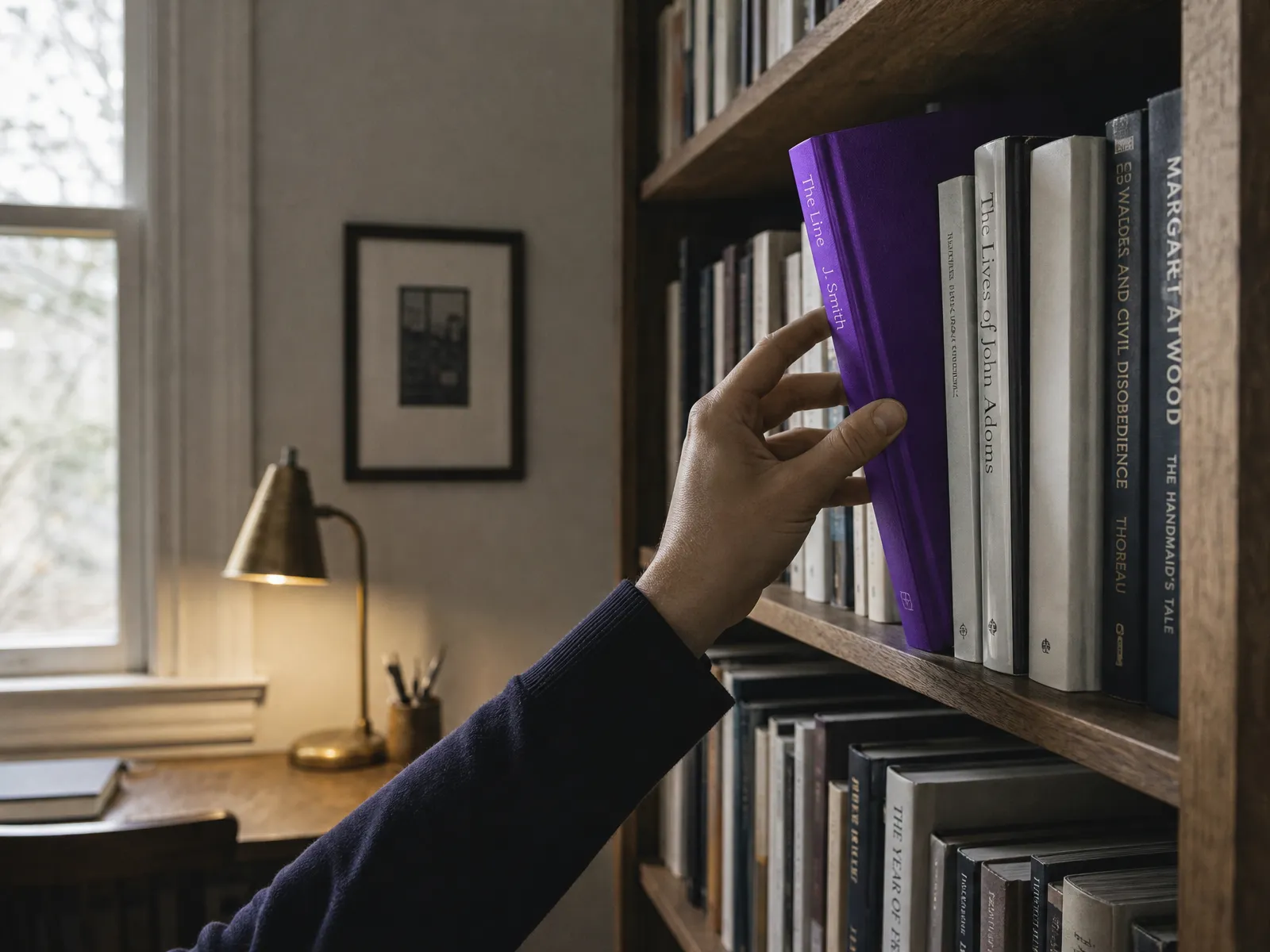 Hand lifting a single book with a violet spine from a shelf in a quiet study, illustrating how a blog builds a library of connected posts.