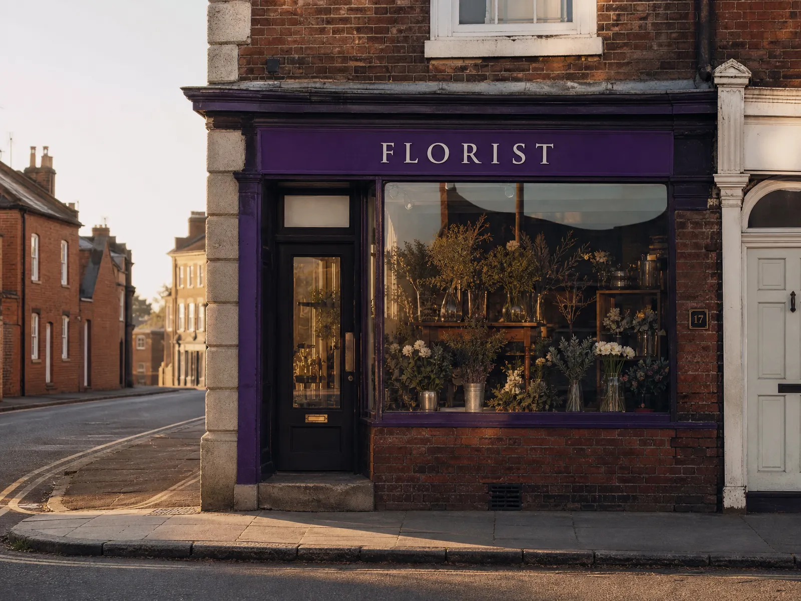 A small independent UK shopfront on a quiet high street at golden hour, no people, illustrating a local service business doing steady SEO.