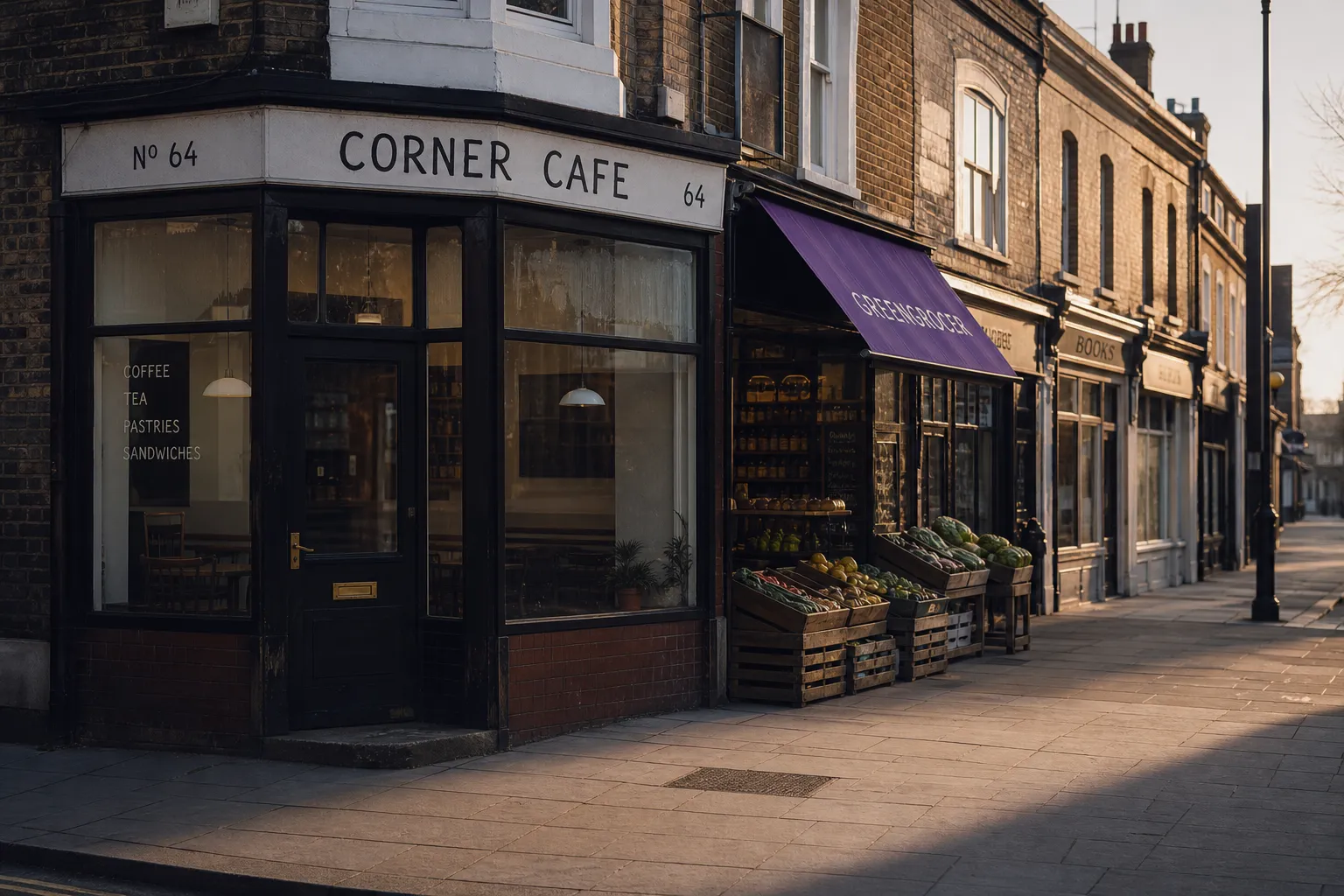 A row of small independent shops on a UK high street at golden hour, illustrating small business SEO marketing