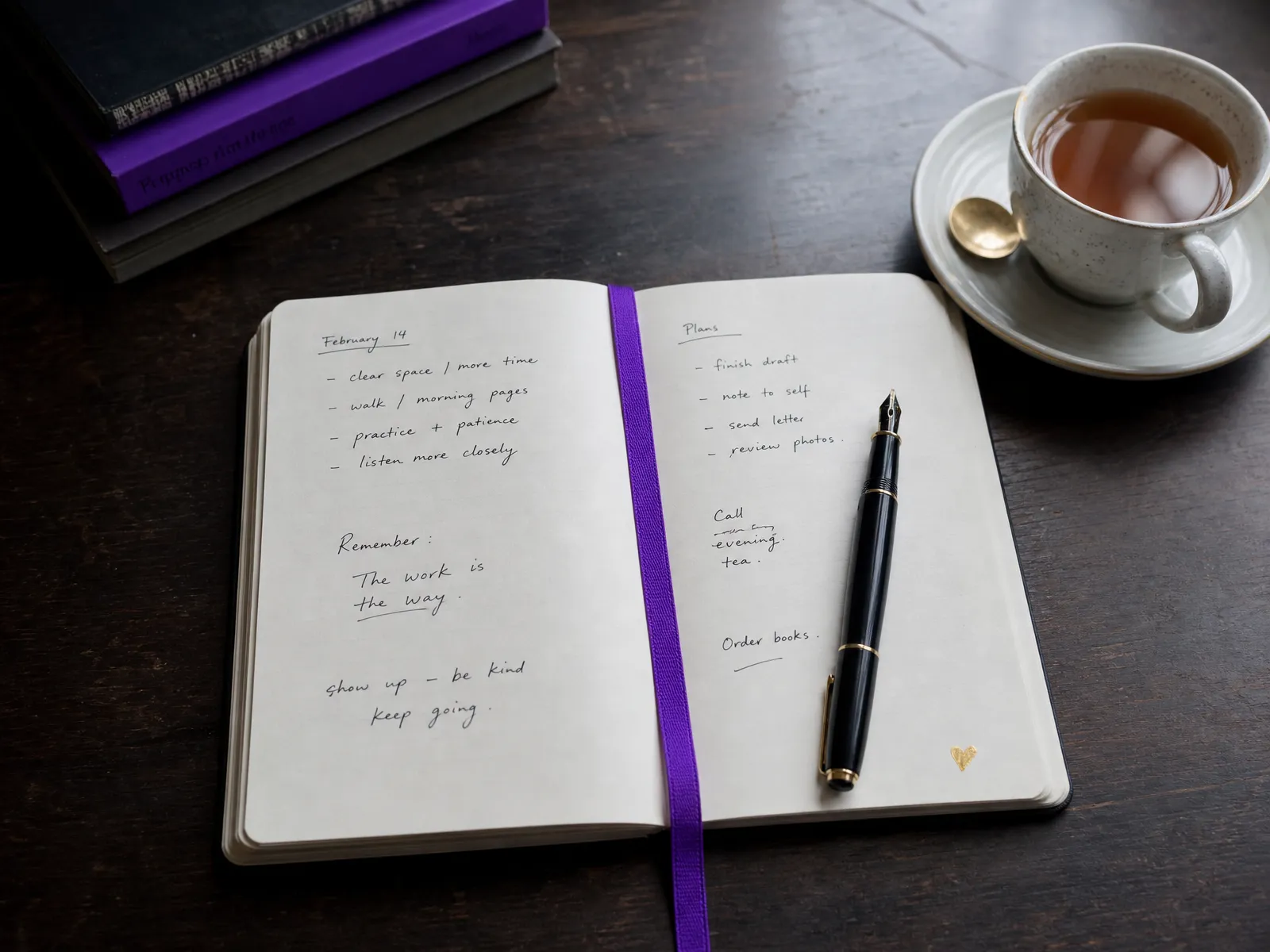 A notebook and fountain pen on a wooden desk beside a cup of tea, used to plan small business marketing tasks