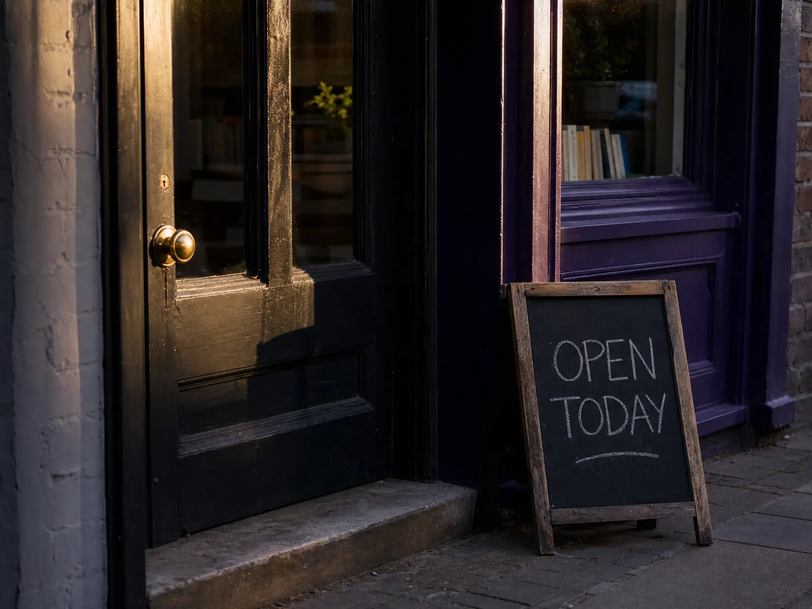Close-up of a small independent shopfront entrance with a chalkboard sign on a UK high street at golden hour