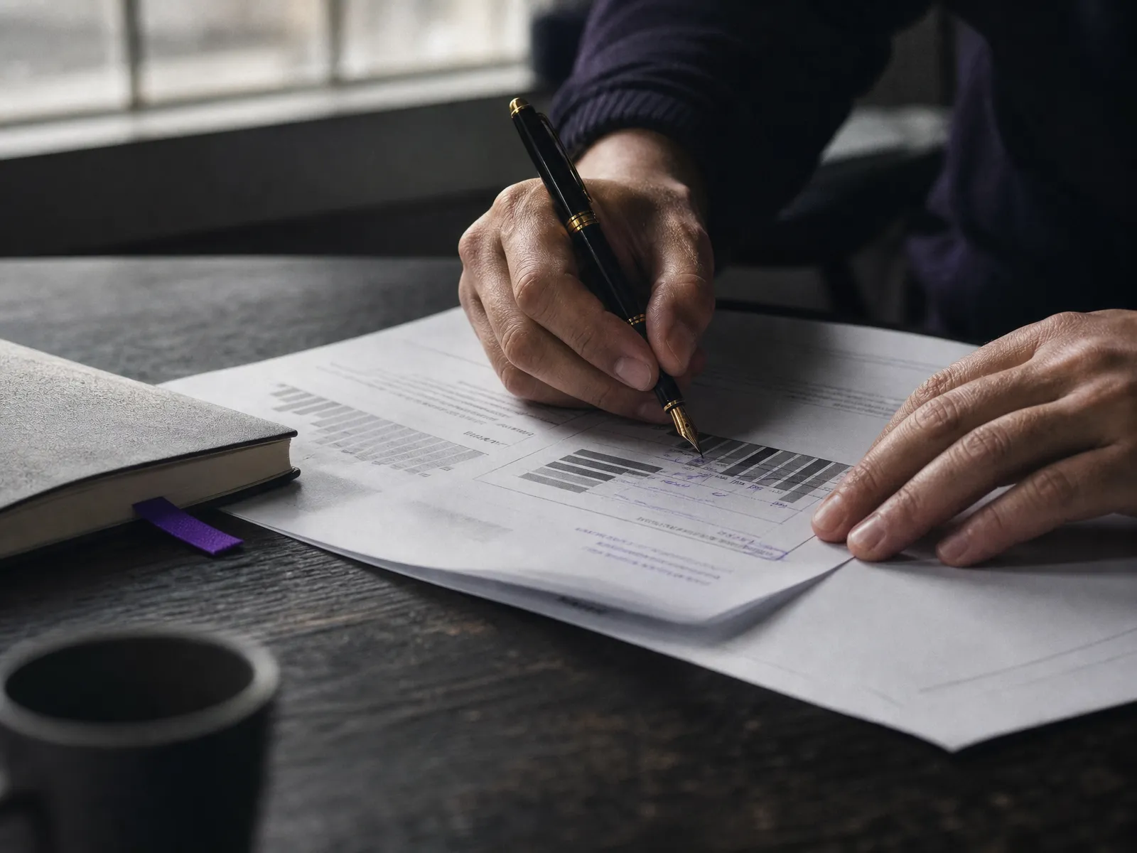 Hands annotating a printed report with a fountain pen, a violet bookmark tucked into a notebook alongside.