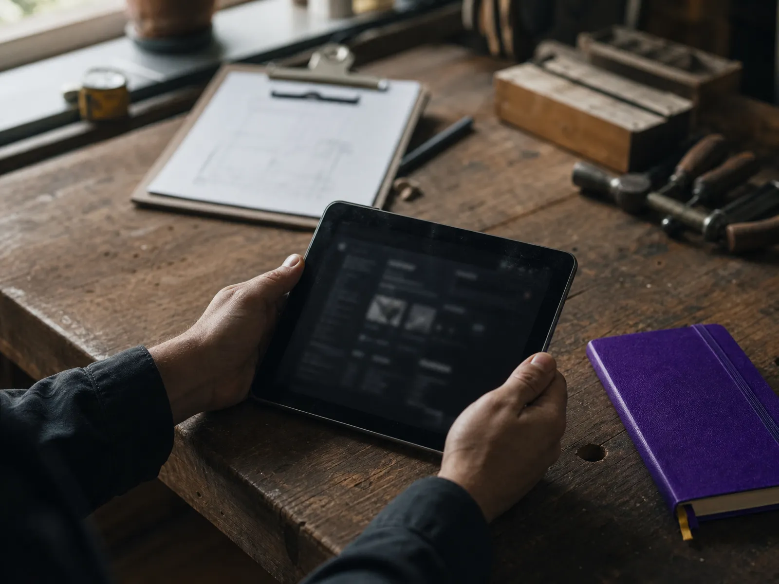Hands holding a tablet showing a dark, out-of-focus interface, resting on a workbench in first light.