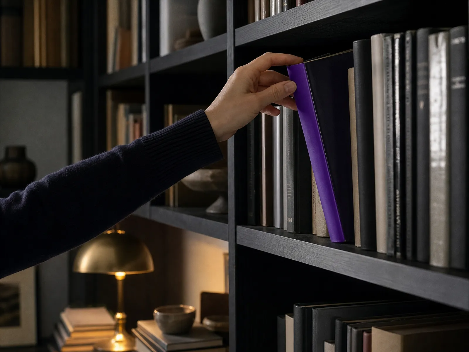 Hands lifting a single book with a violet spine from a quiet study bookshelf.