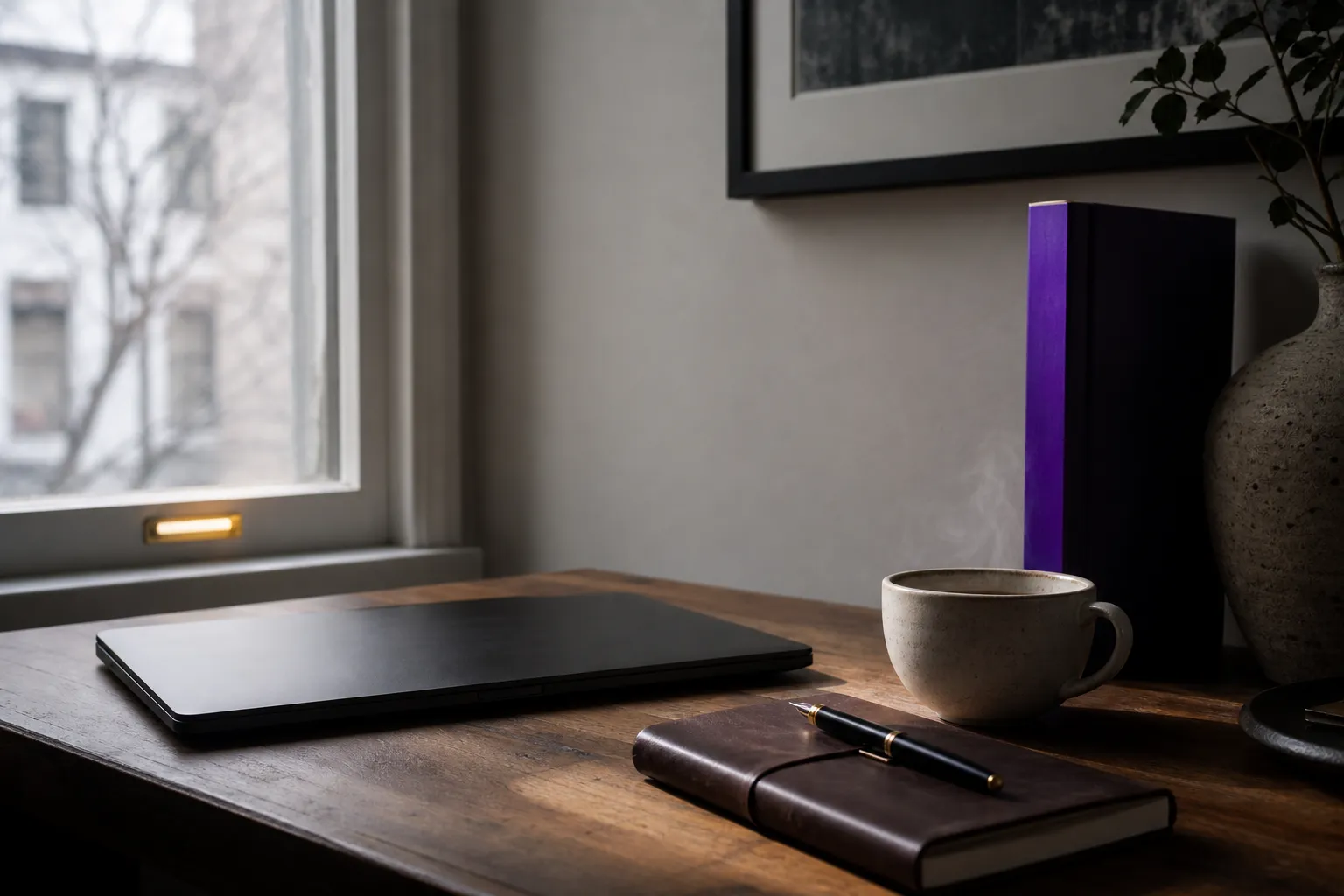 Quiet home-office desk with a closed laptop, notebook and violet book spine in soft daylight, illustrating SEO tips.