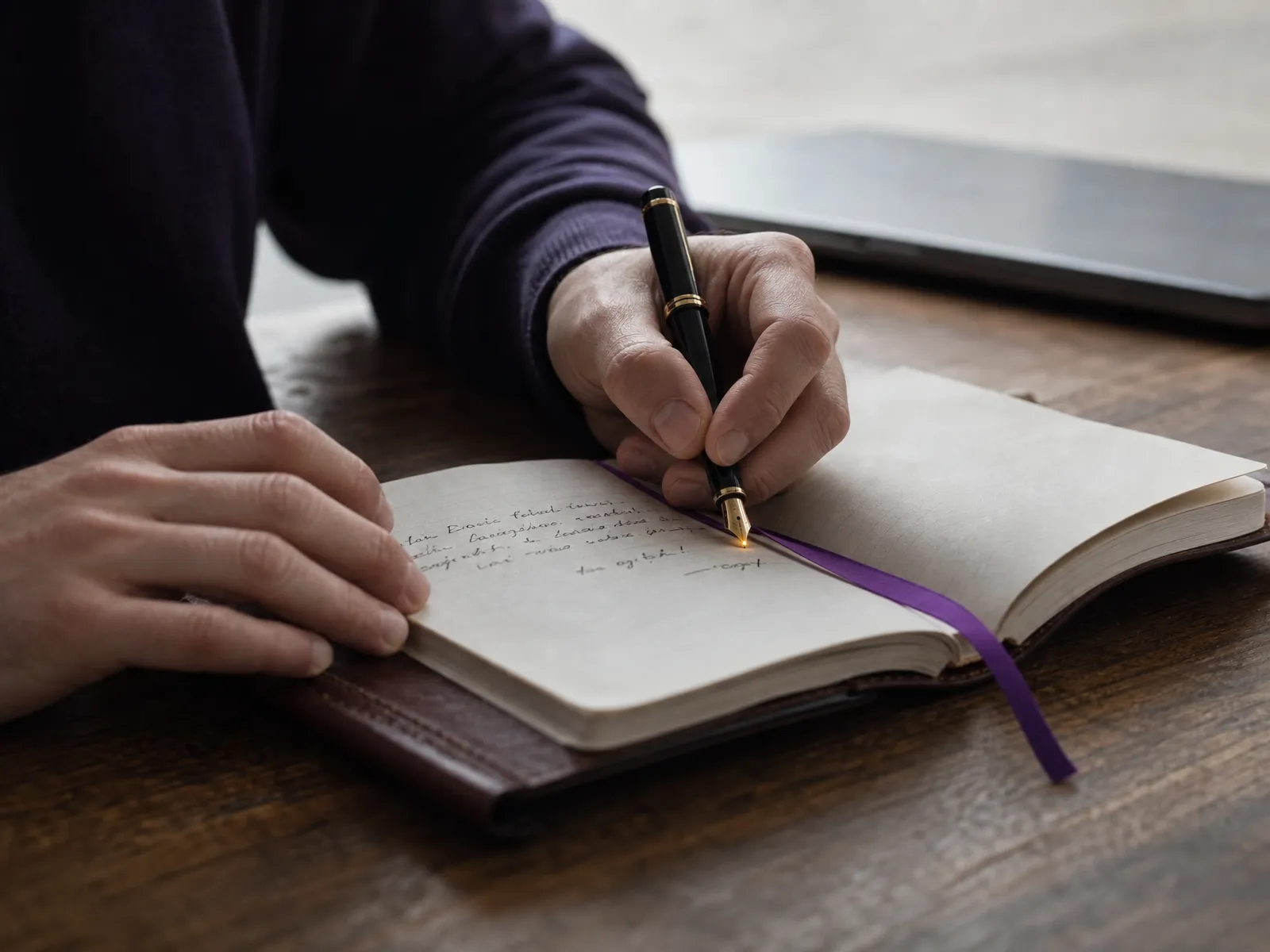 Hands writing SEO content notes in a leather notebook with a fountain pen beside a closed laptop in soft daylight.