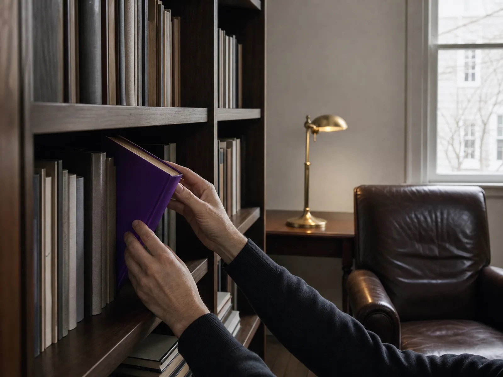 Hands lifting a violet-spined book from a study bookshelf, illustrating SEO tips that stay reliable over time.