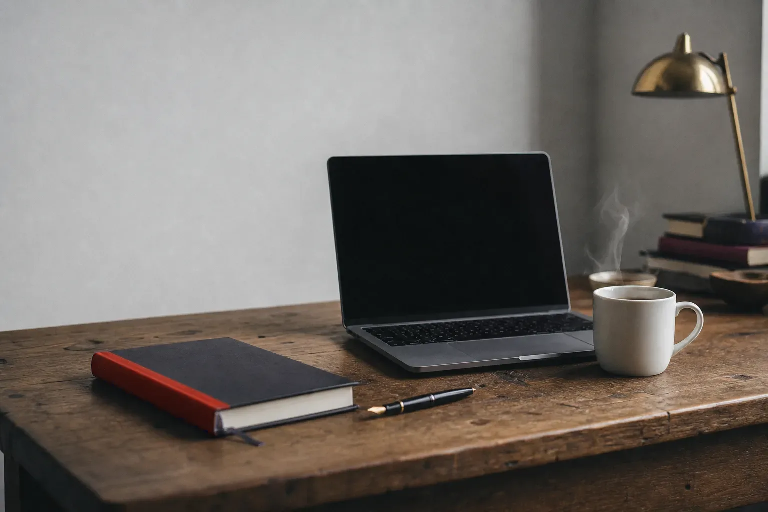 Home-office desk in soft daylight with a laptop, a red-spined notebook and a cup of tea