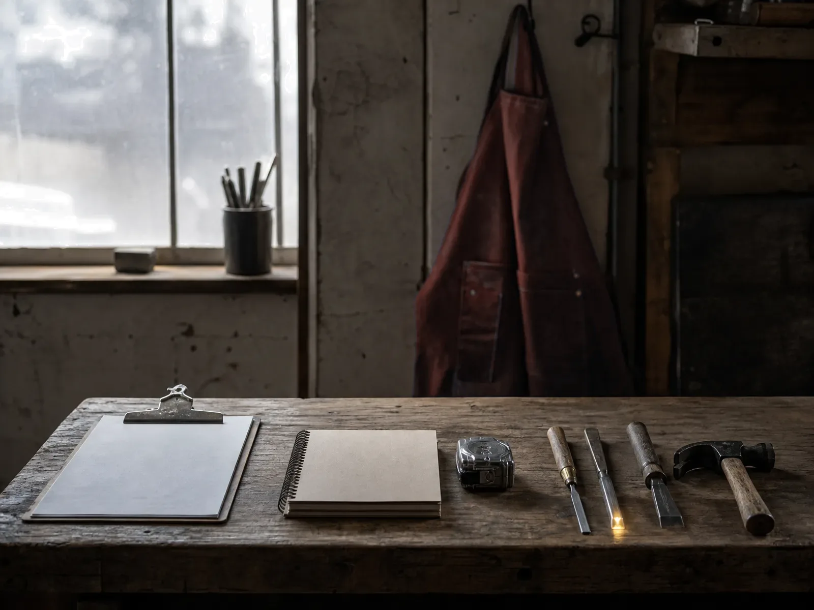 Small workshop at first light: a workbench with a clipboard, notebook and hand tools