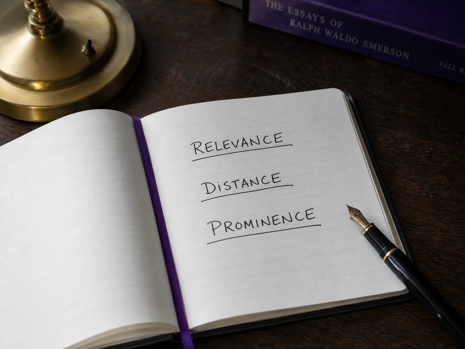 A handwritten notebook page listing the three local SEO ranking pillars: relevance, distance, prominence.