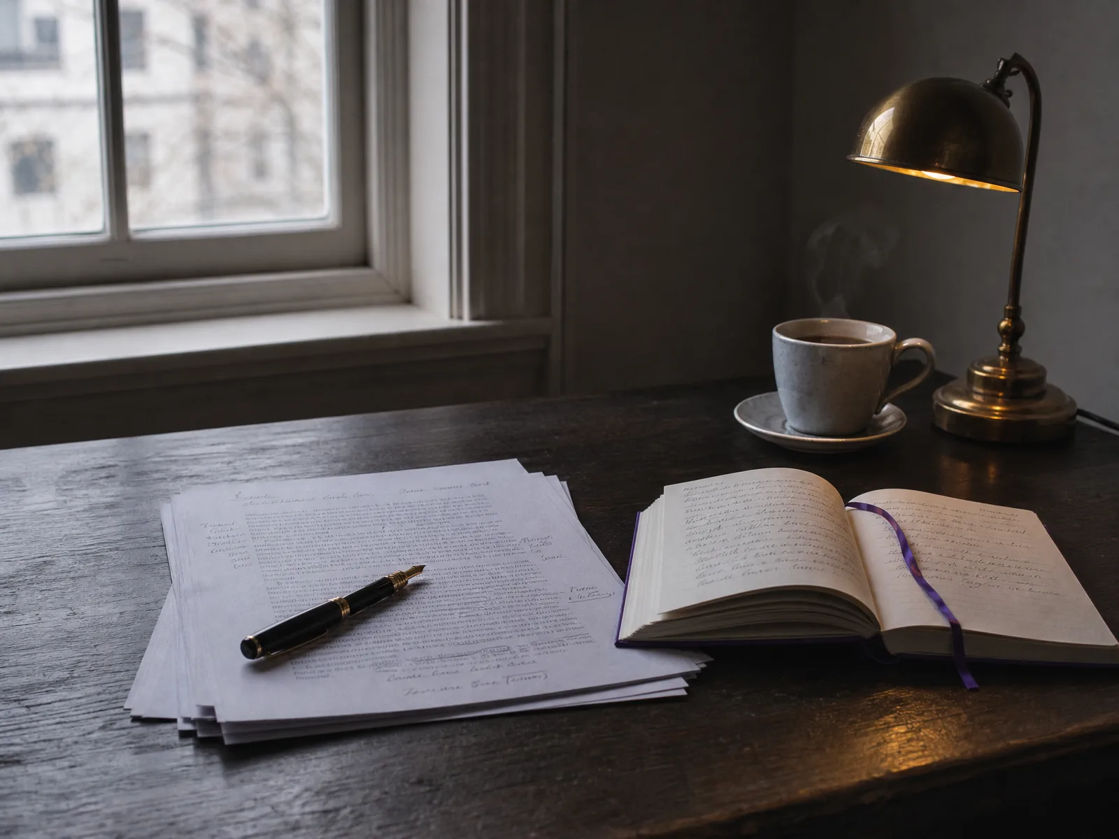 An editorial desk shot with handwritten pages, a fountain pen, an open notebook with violet ribbon, and a brass lamp.