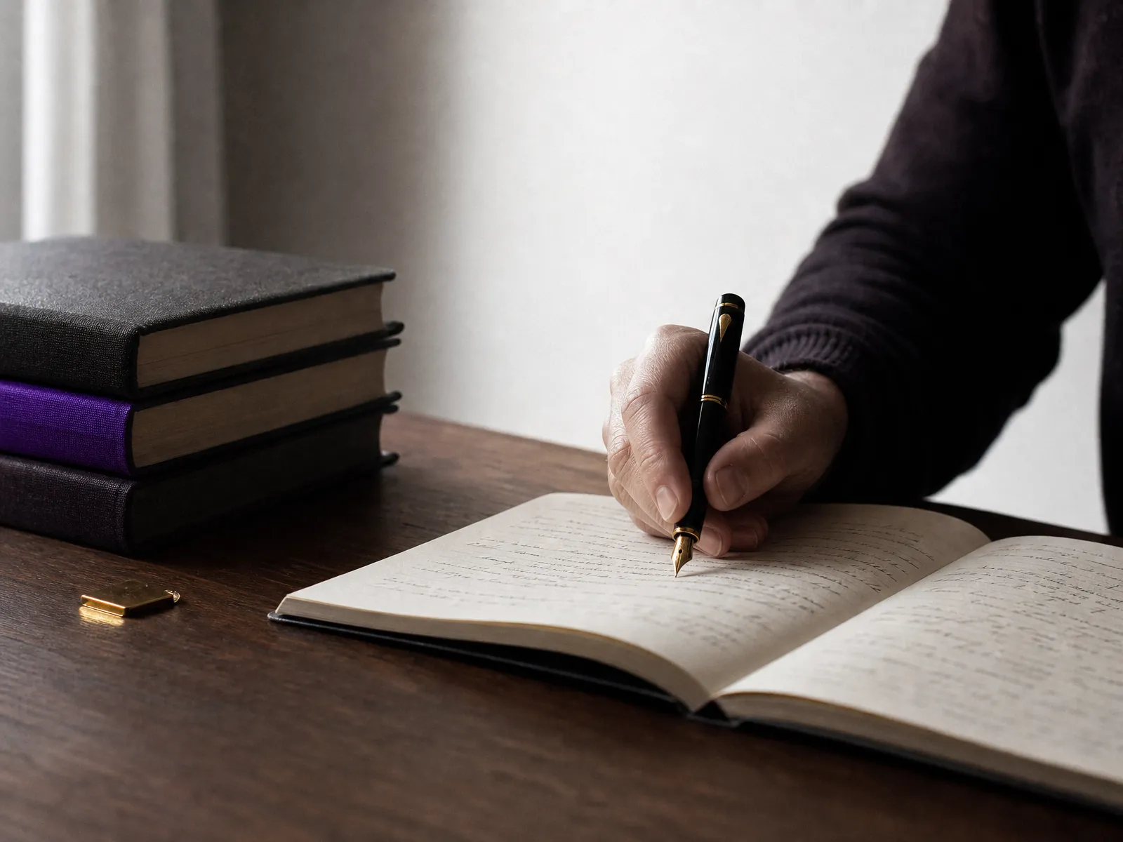 A hand writing in a notebook with a fountain pen beside a stack of books