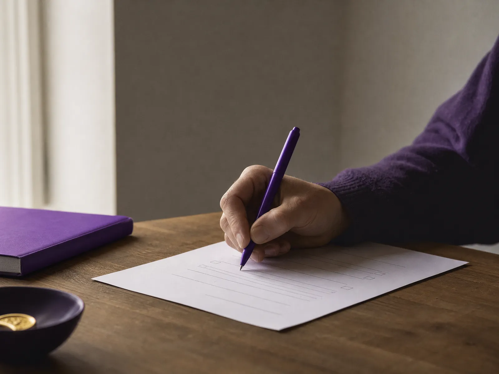 A hand filling in a paper enquiry form with a violet pen
