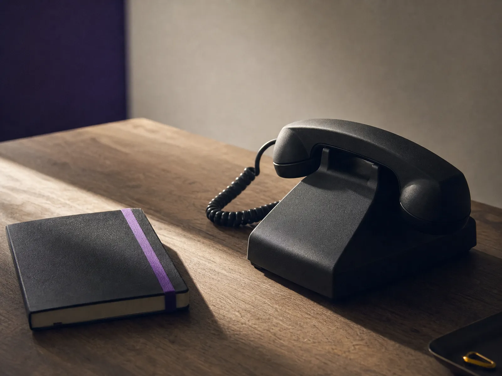 A classic desk telephone catching soft morning light on a wooden desk