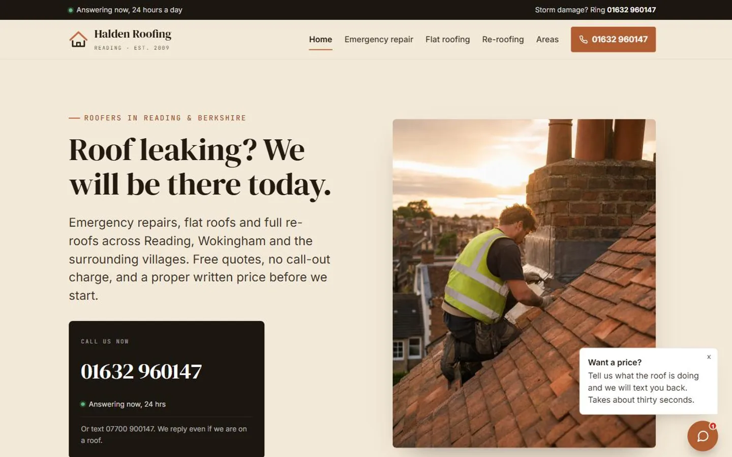 A roofing company home page with an emergency phone number, a page per job and a quote chat waiting in the corner