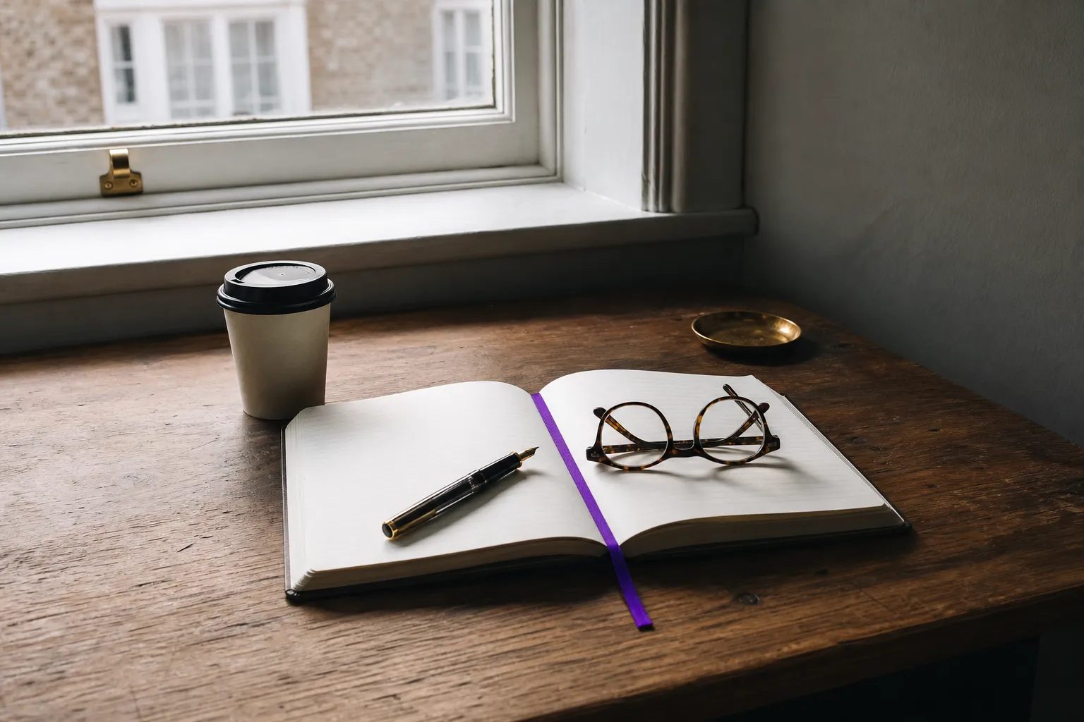 A notebook, reading glasses and coffee on a desk by a Farnham Common window