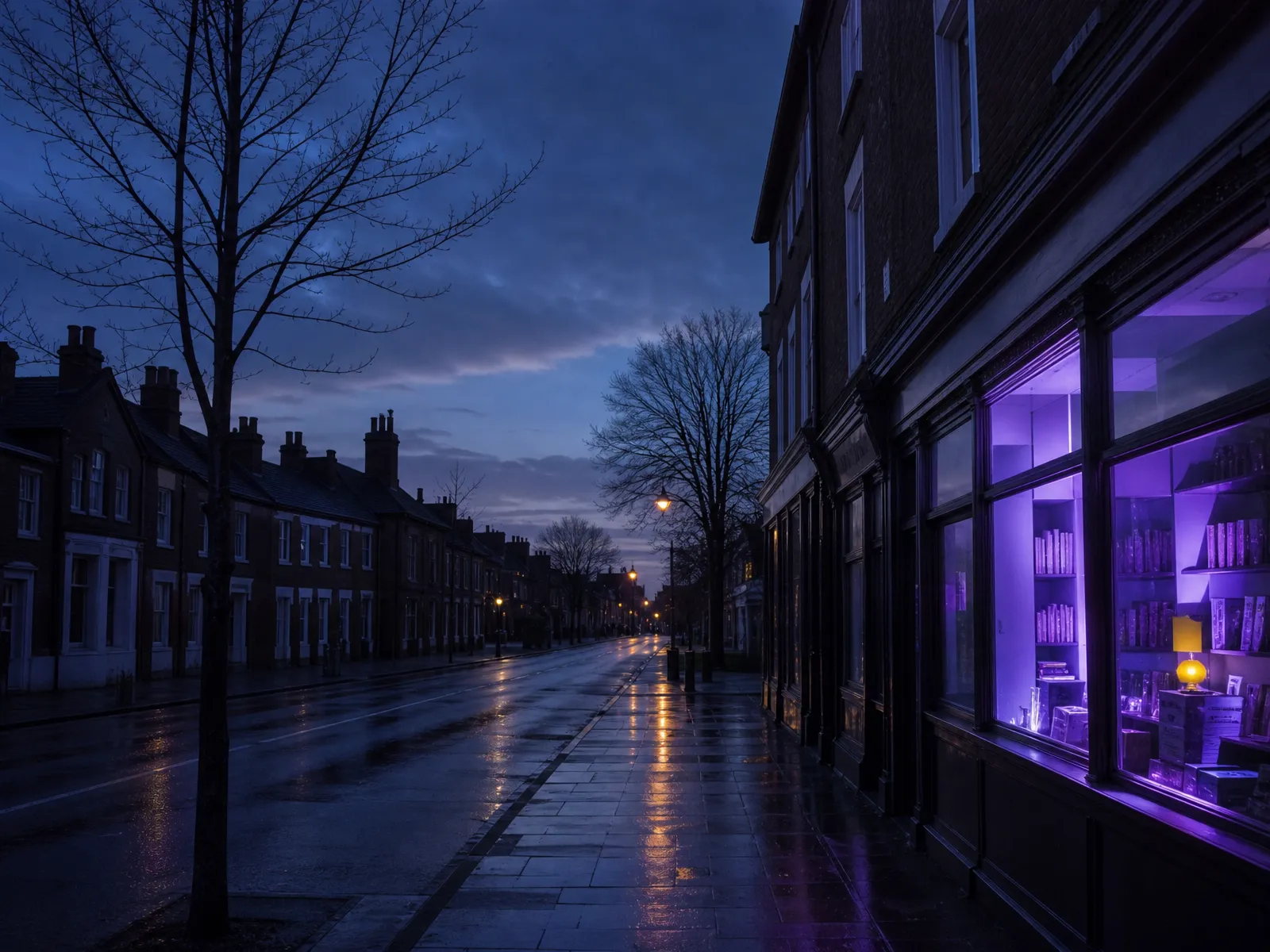 A quiet British high street at dusk, one shop window glowing violet