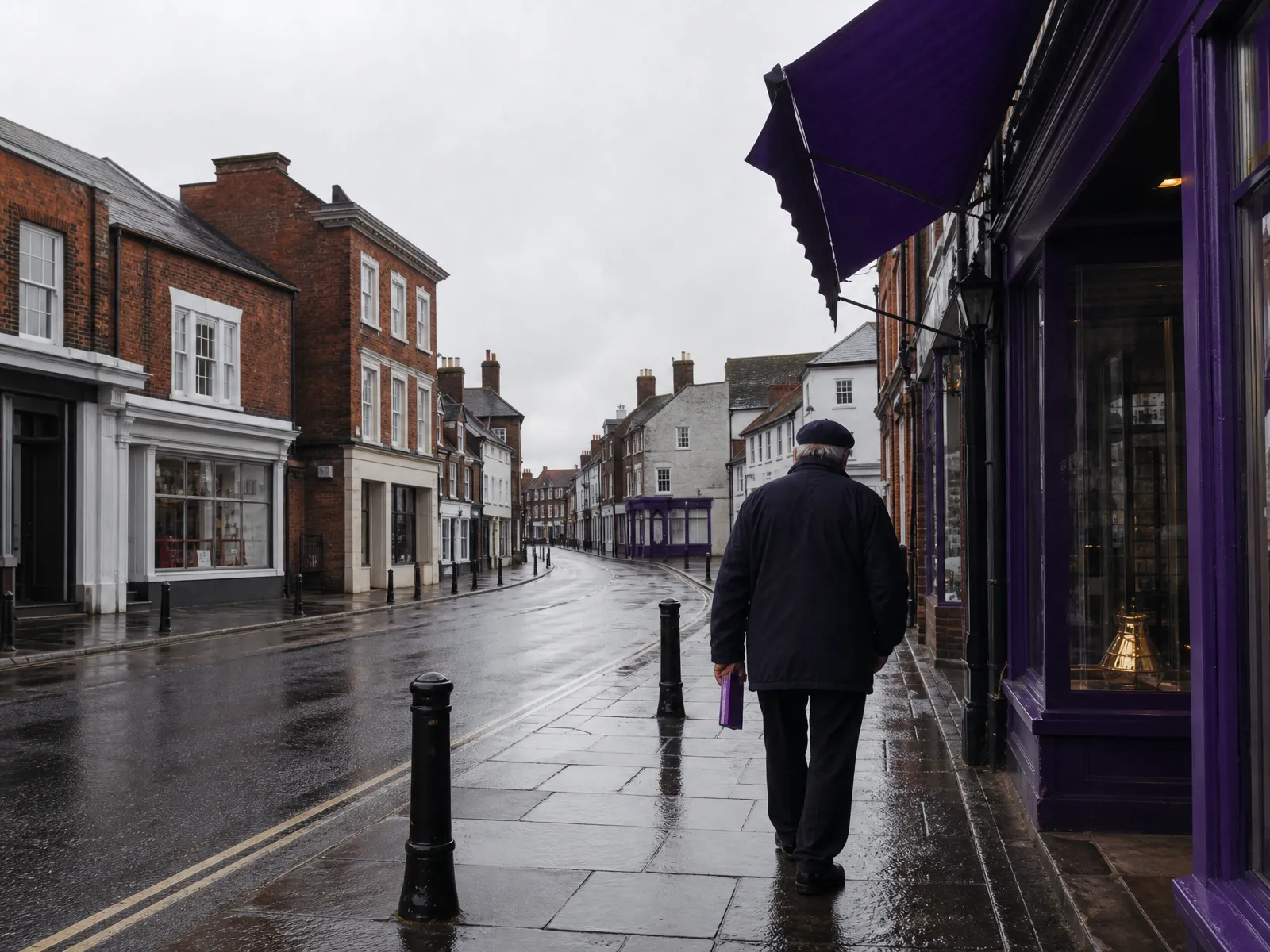 A quiet Berkshire market-town high street with a violet shop awning