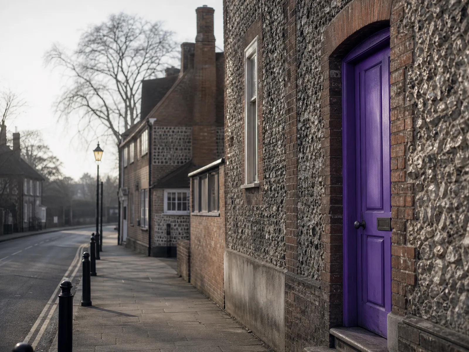 A Buckinghamshire village street of brick and flint with a violet shop door