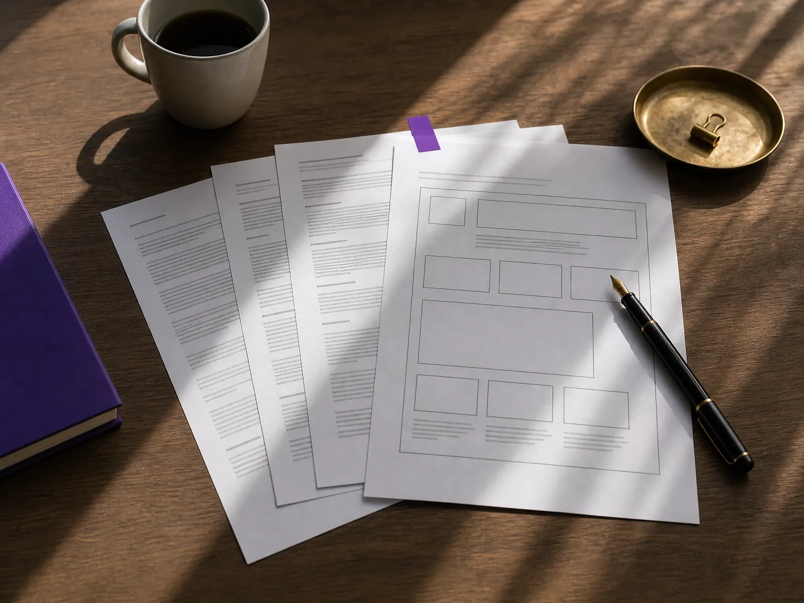 A printed website audit marked up with a pen on a Farnham Common desk