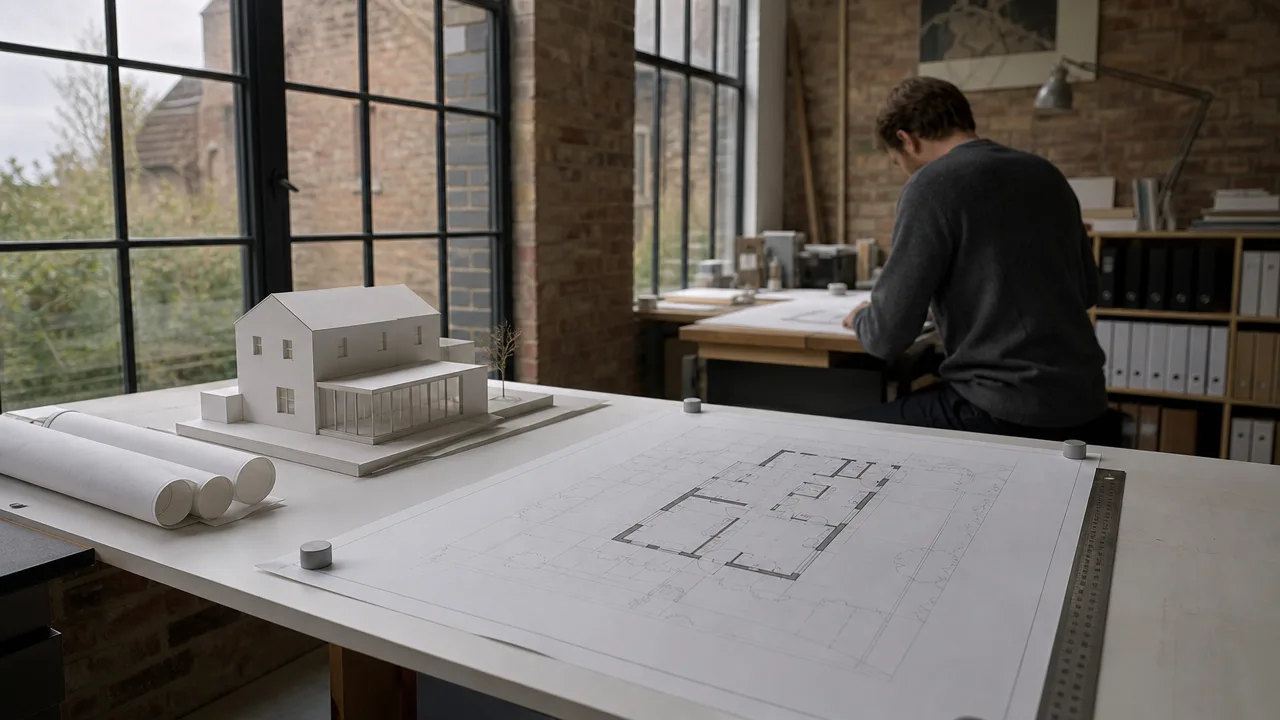 A domestic extension floor plan and a white card massing model on an architect's drawing board